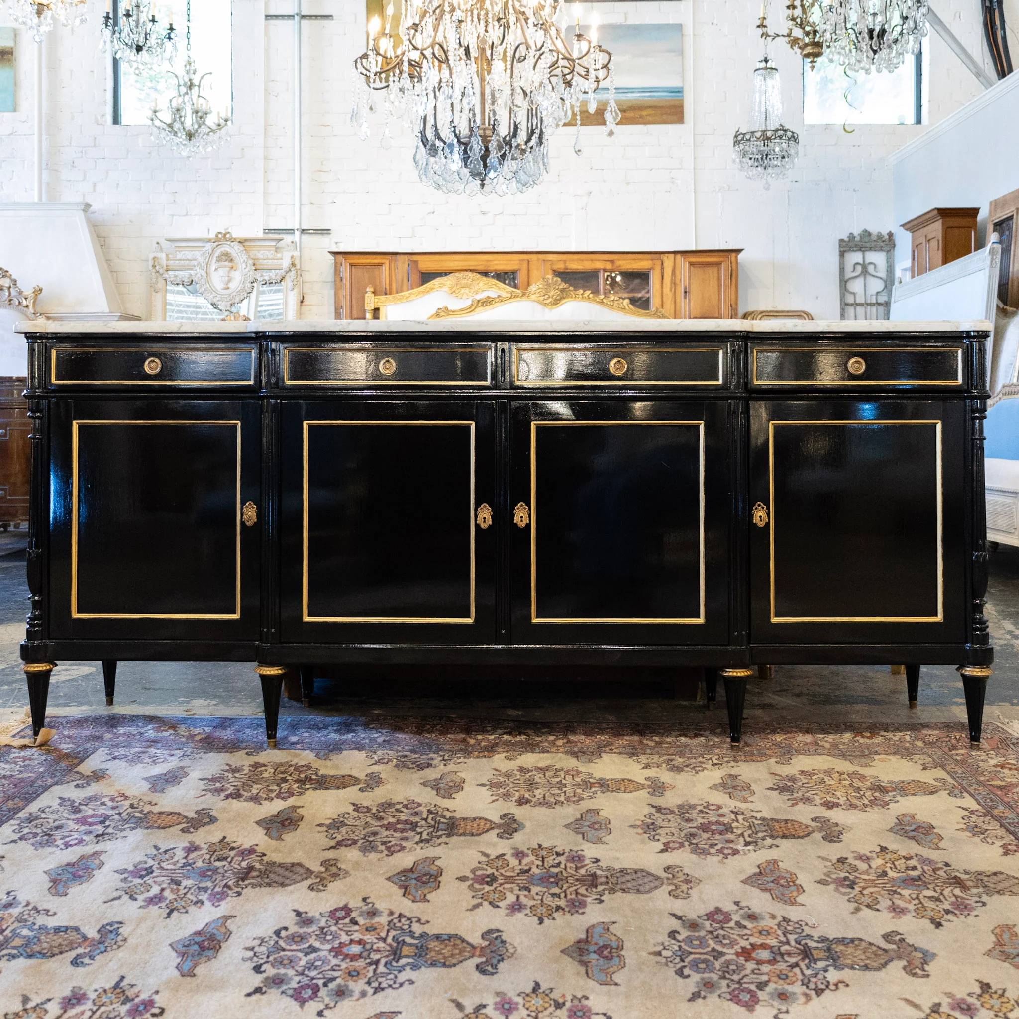 Louis XVI Black Lacquer Sideboard – Gold Inlay & White Marble Top