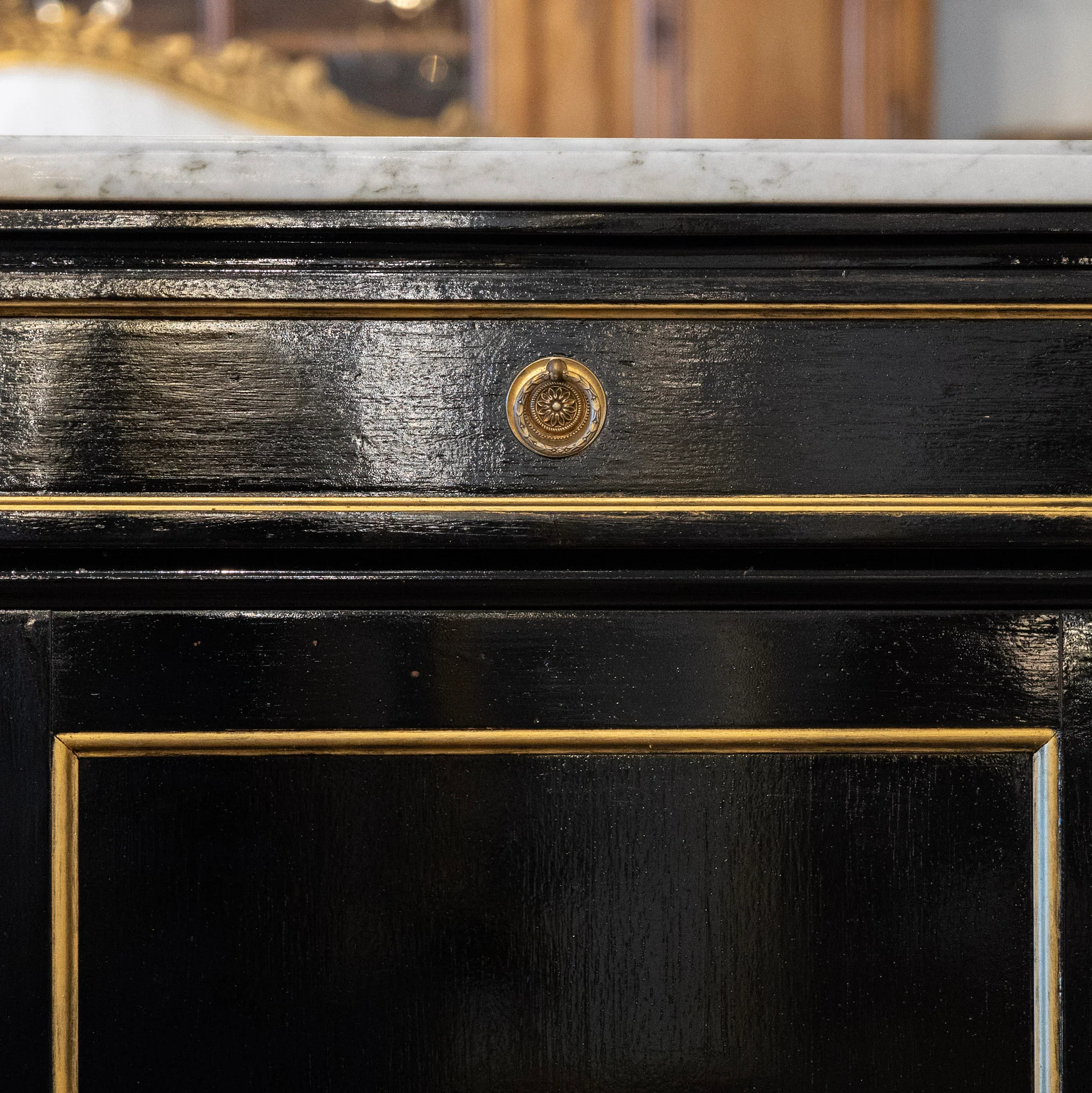 Louis XVI Black Lacquer Sideboard – Gold Inlay & White Marble Top - Image 12
