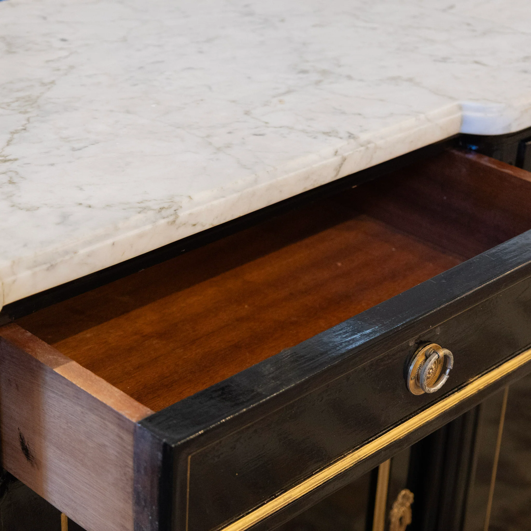 Louis XVI Black Lacquer Sideboard – Gold Inlay & White Marble Top - Image 18