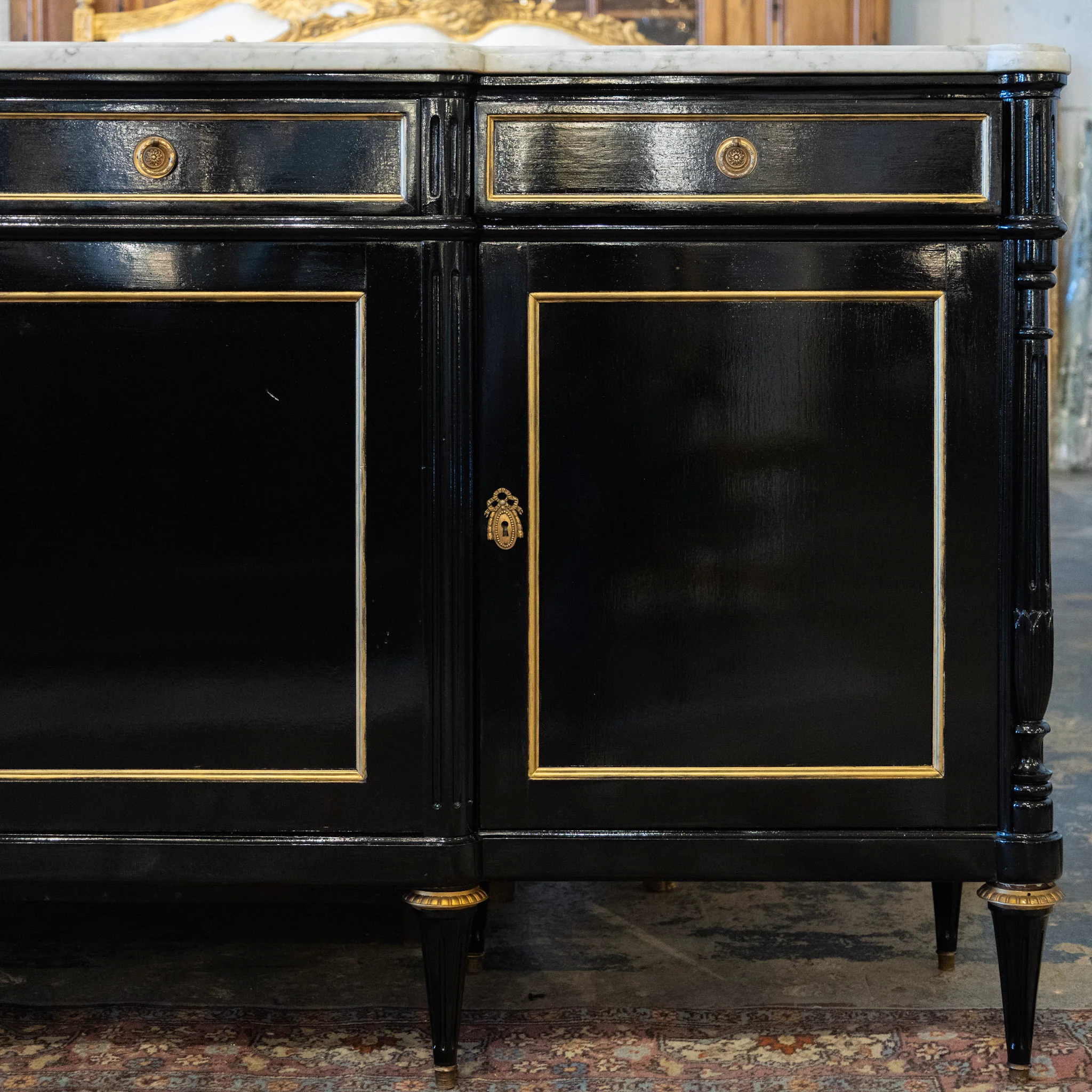 Louis XVI Black Lacquer Sideboard – Gold Inlay & White Marble Top - Image 2