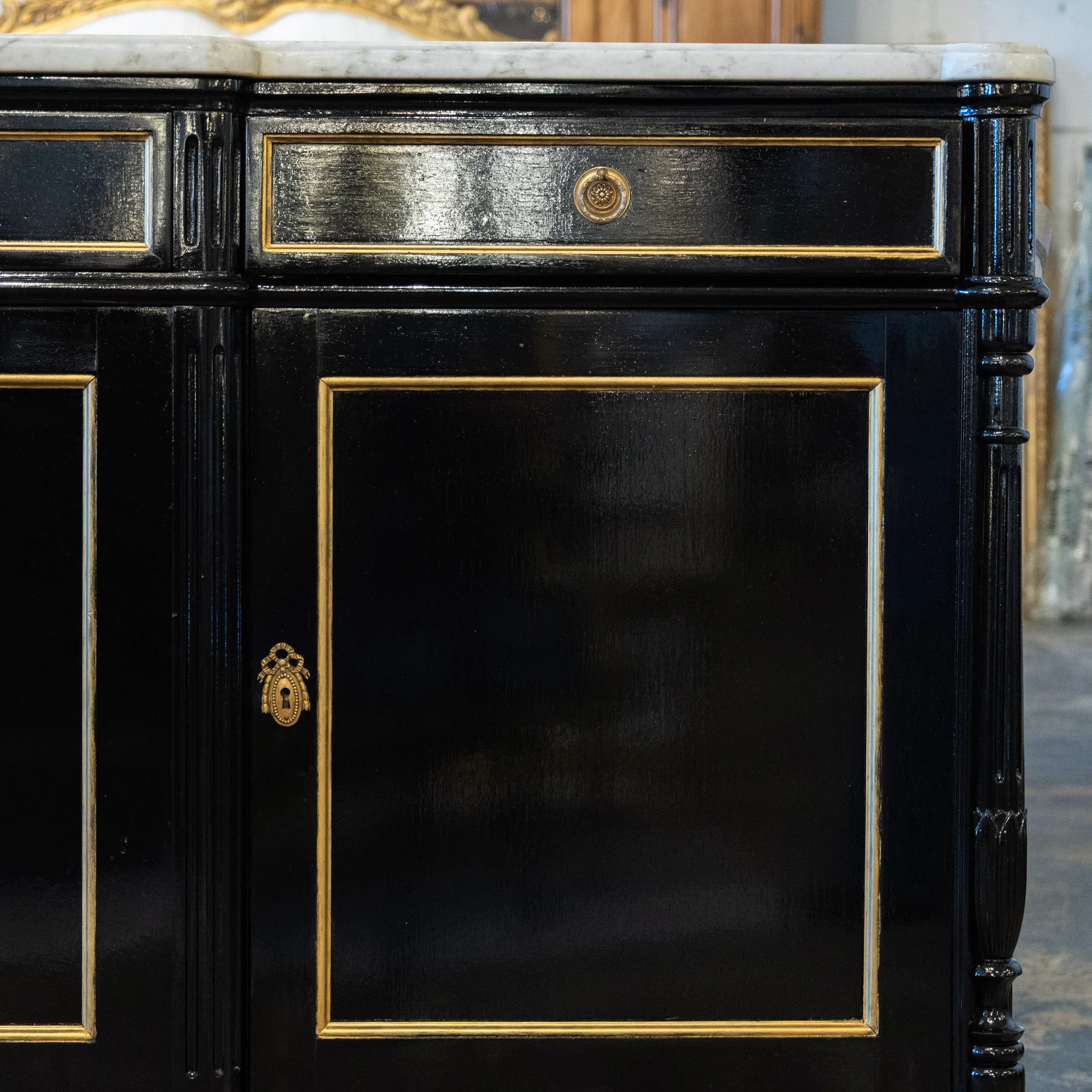 Louis XVI Black Lacquer Sideboard – Gold Inlay & White Marble Top - Image 3