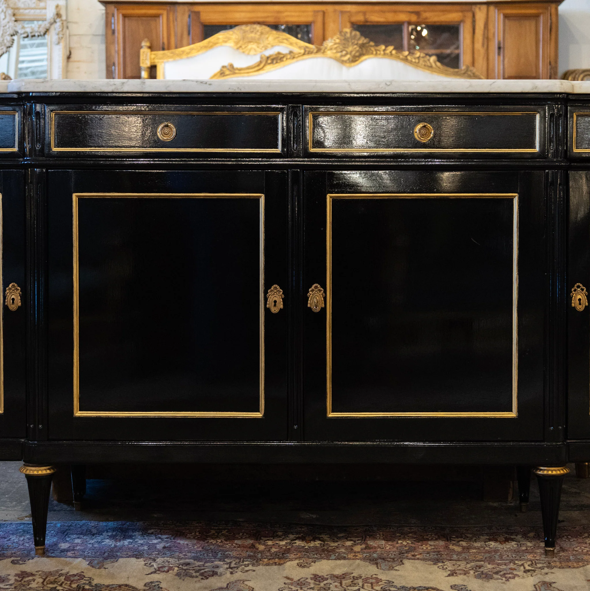 Louis XVI Black Lacquer Sideboard – Gold Inlay & White Marble Top - Image 4