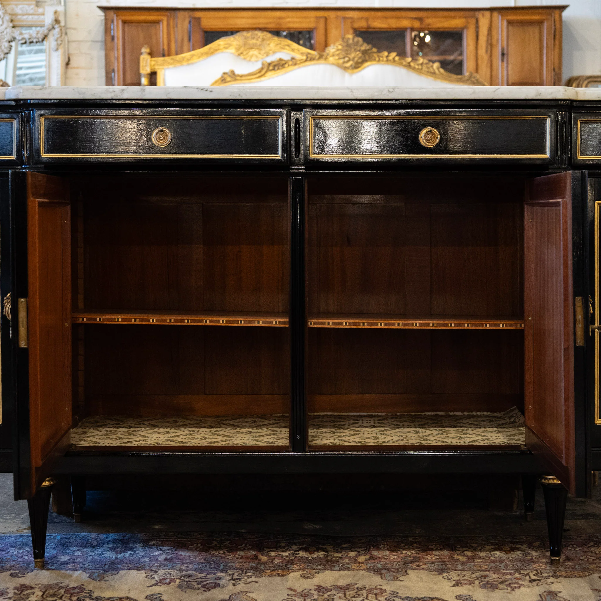 Louis XVI Black Lacquer Sideboard – Gold Inlay & White Marble Top - Image 5