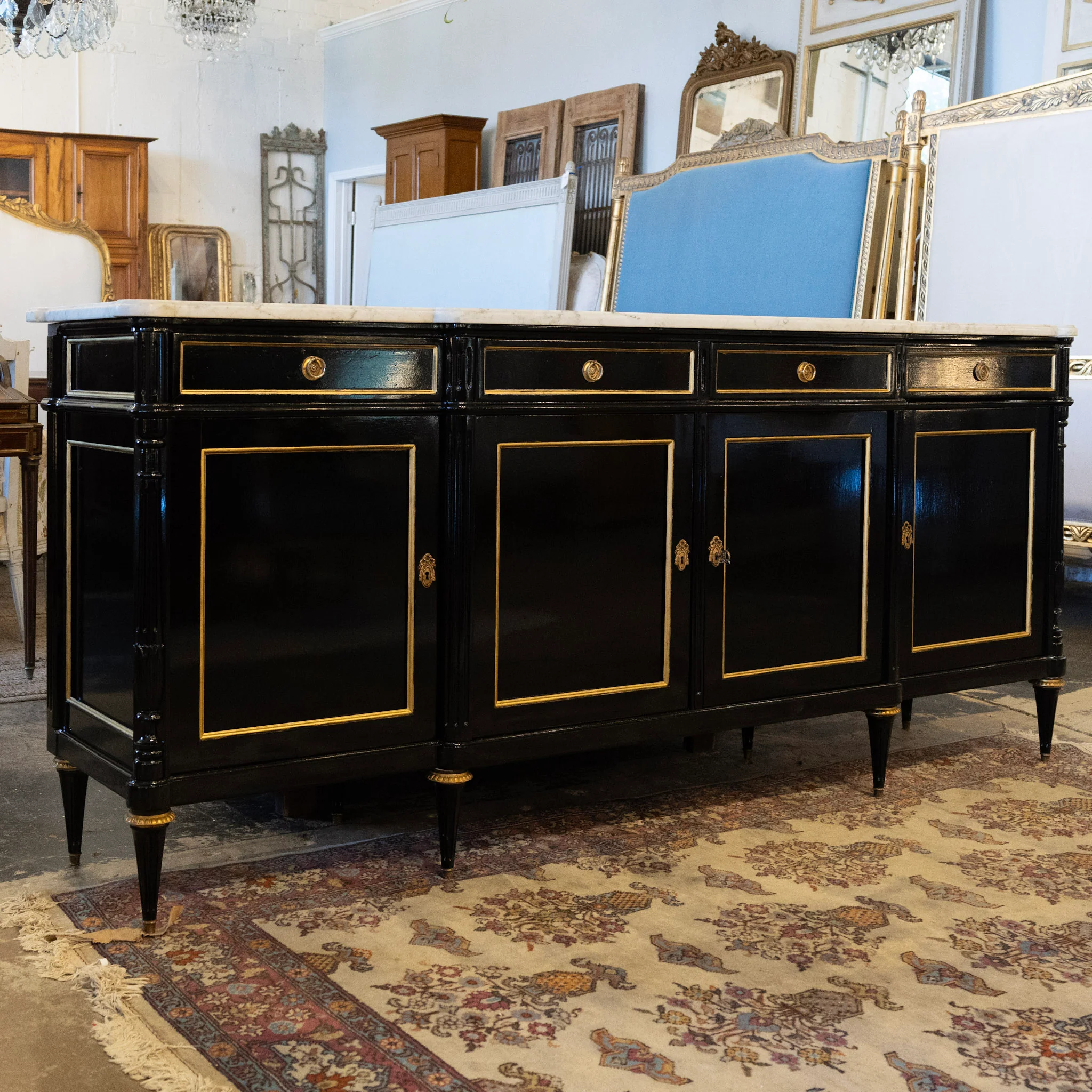 Louis XVI Black Lacquer Sideboard – Gold Inlay & White Marble Top - Image 6
