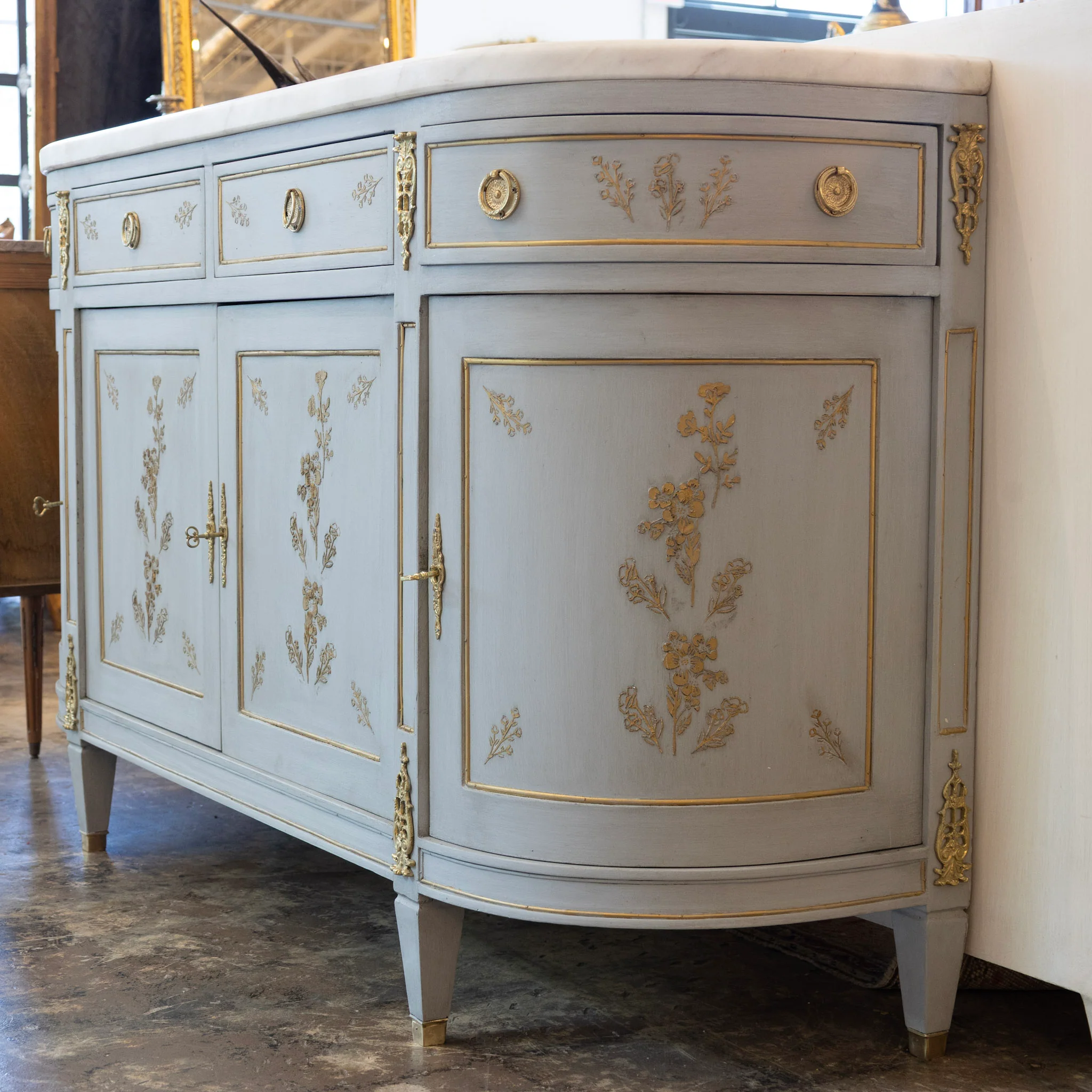 Louis XVI Blue Hand Painted Sideboard – Gilded Floral Detailing & White Marble Top - Image 10