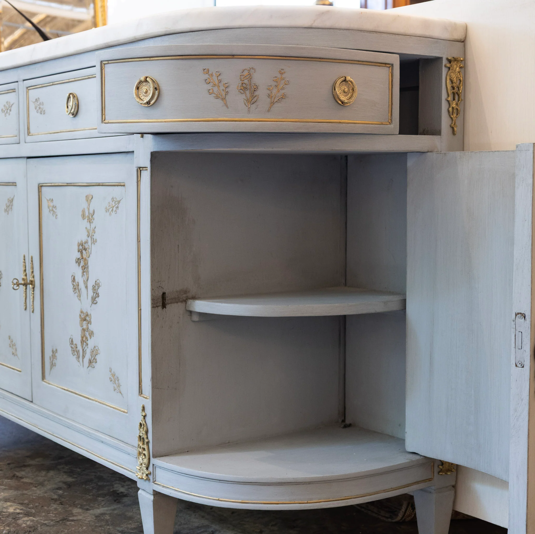 Louis XVI Blue Hand Painted Sideboard – Gilded Floral Detailing & White Marble Top - Image 11