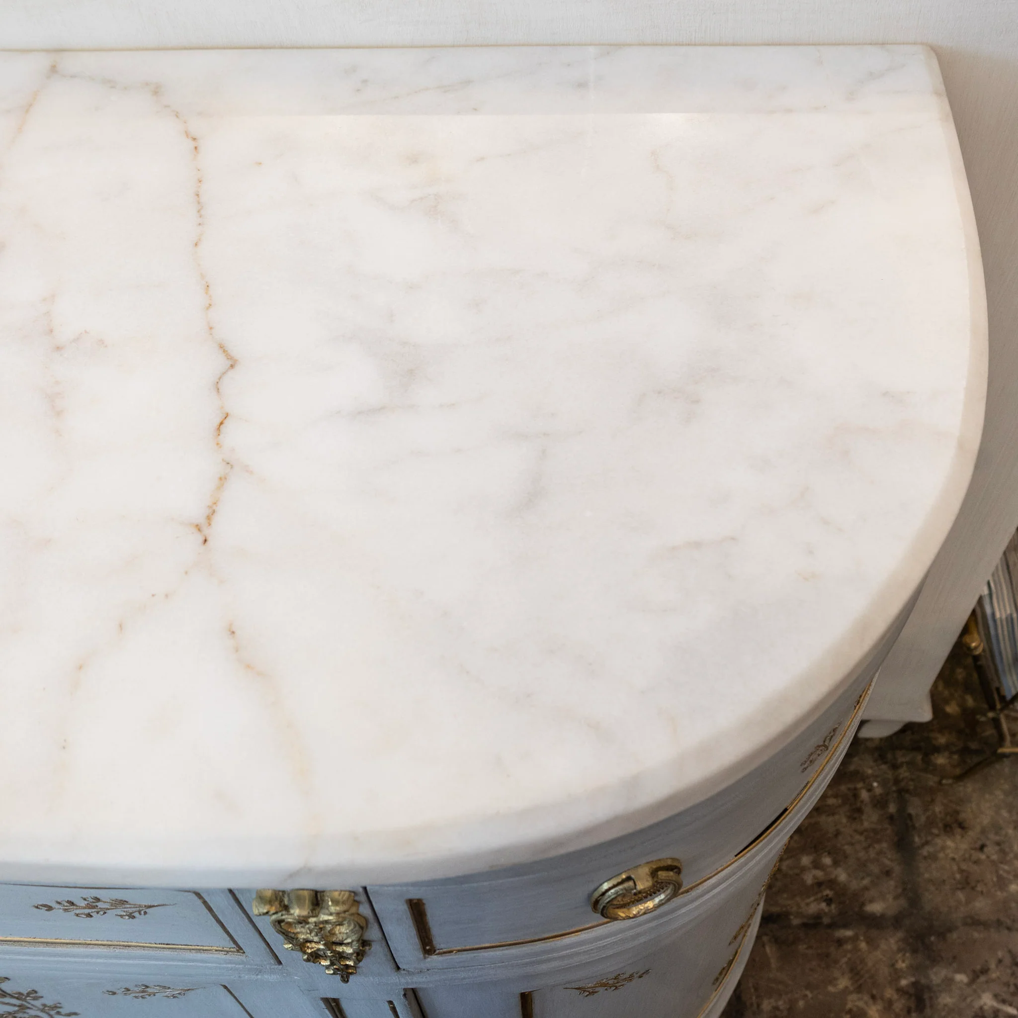 Louis XVI Blue Hand Painted Sideboard – Gilded Floral Detailing & White Marble Top - Image 12