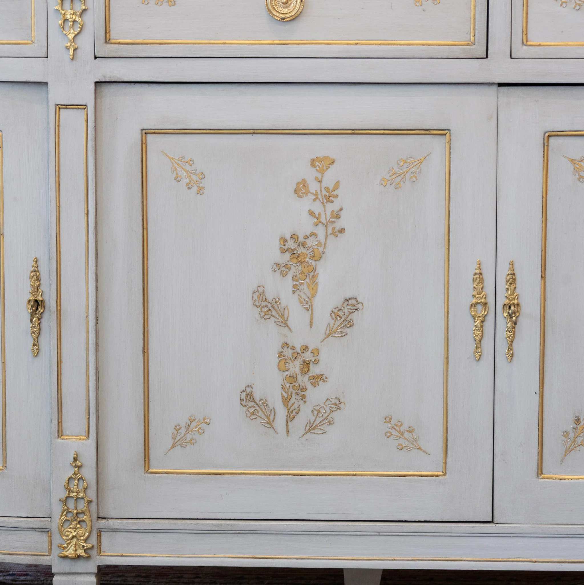 Louis XVI Blue Hand Painted Sideboard – Gilded Floral Detailing & White Marble Top - Image 5