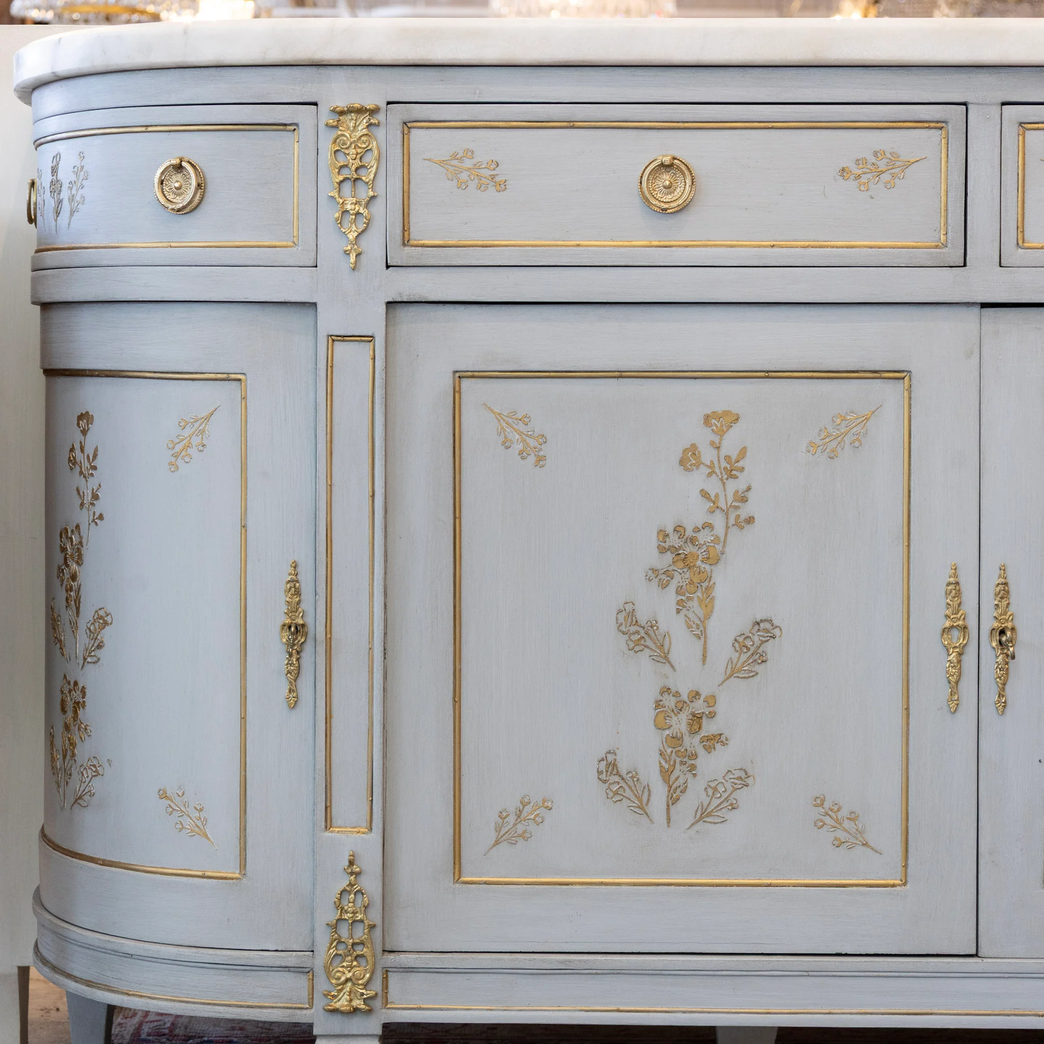 Louis XVI Blue Hand Painted Sideboard – Gilded Floral Detailing & White Marble Top - Image 6