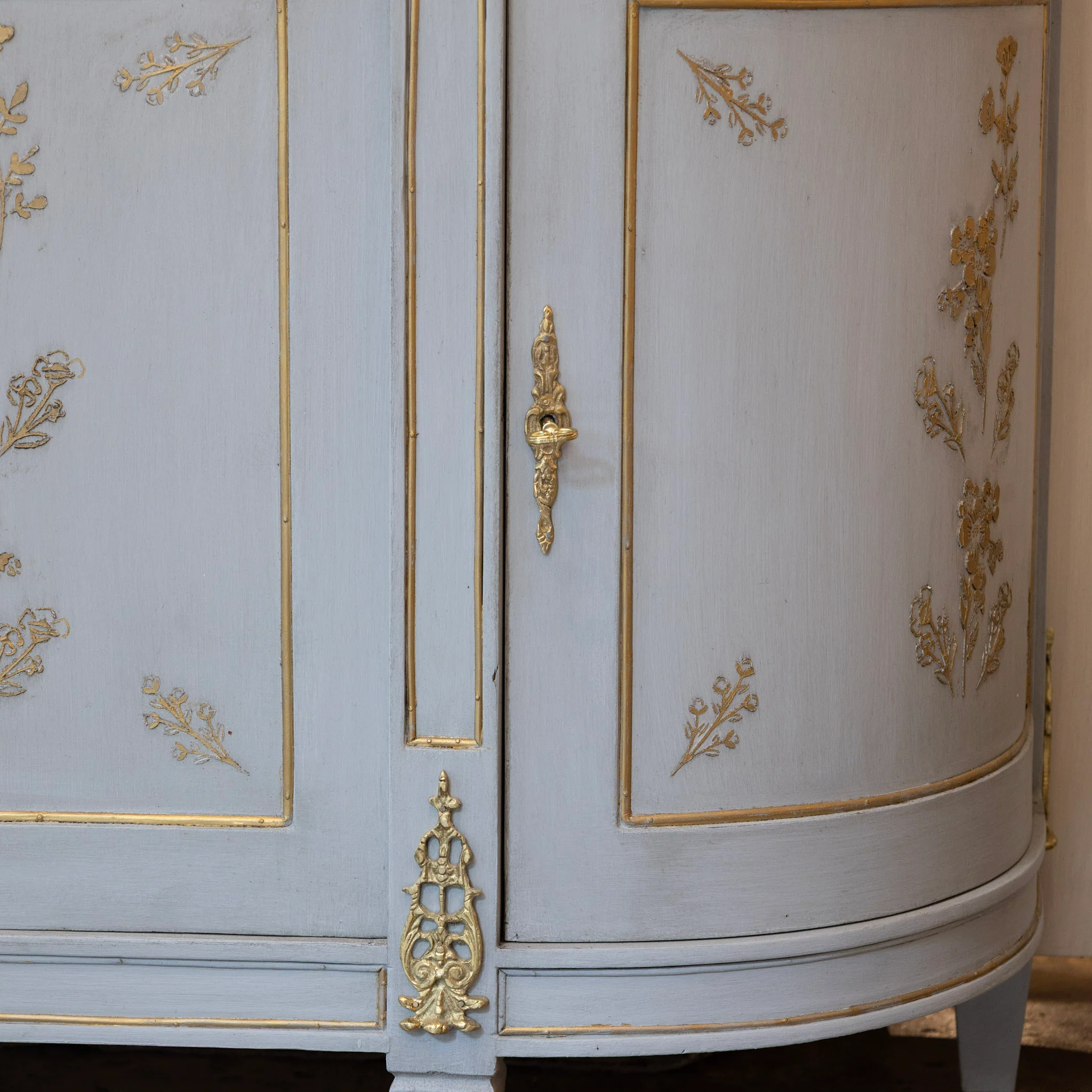 Louis XVI Blue Hand Painted Sideboard – Gilded Floral Detailing & White Marble Top - Image 8