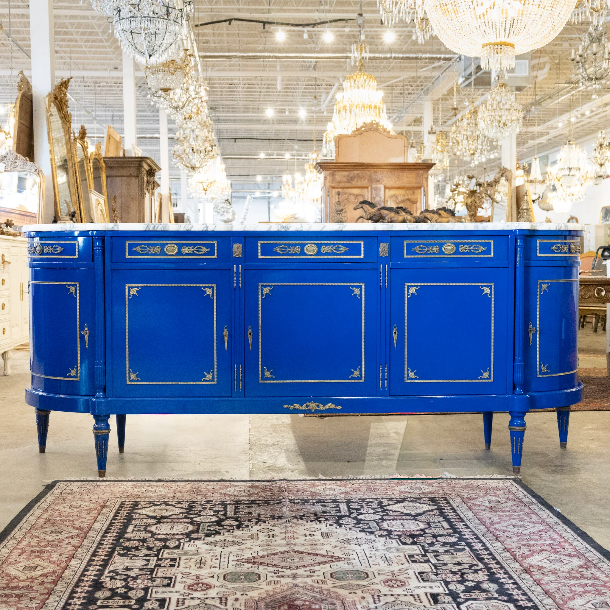 Louis XVI Blue Lacquer Demilune Sideboard - White Marble Top & Brass Trim