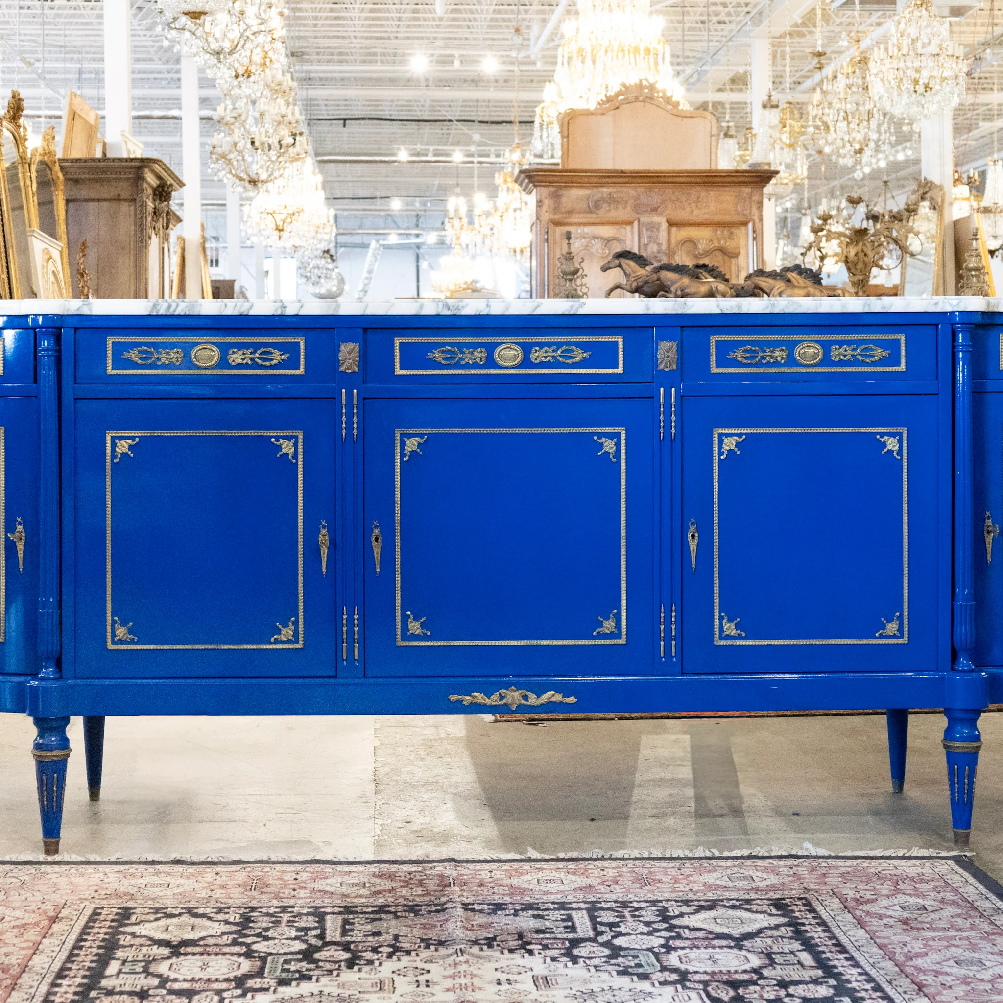 Louis XVI Blue Lacquer Demilune Sideboard - White Marble Top & Brass Trim - Image 2