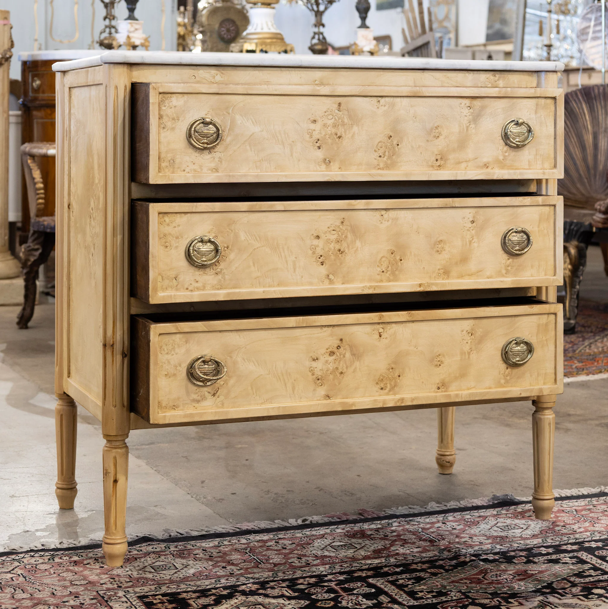 Louis XVI Burl Chest – Light Stripped Wood & White Marble Top - Image 3