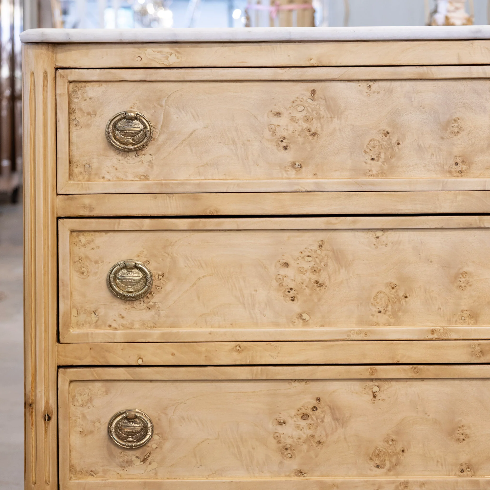 Louis XVI Burl Chest – Light Stripped Wood & White Marble Top - Image 4