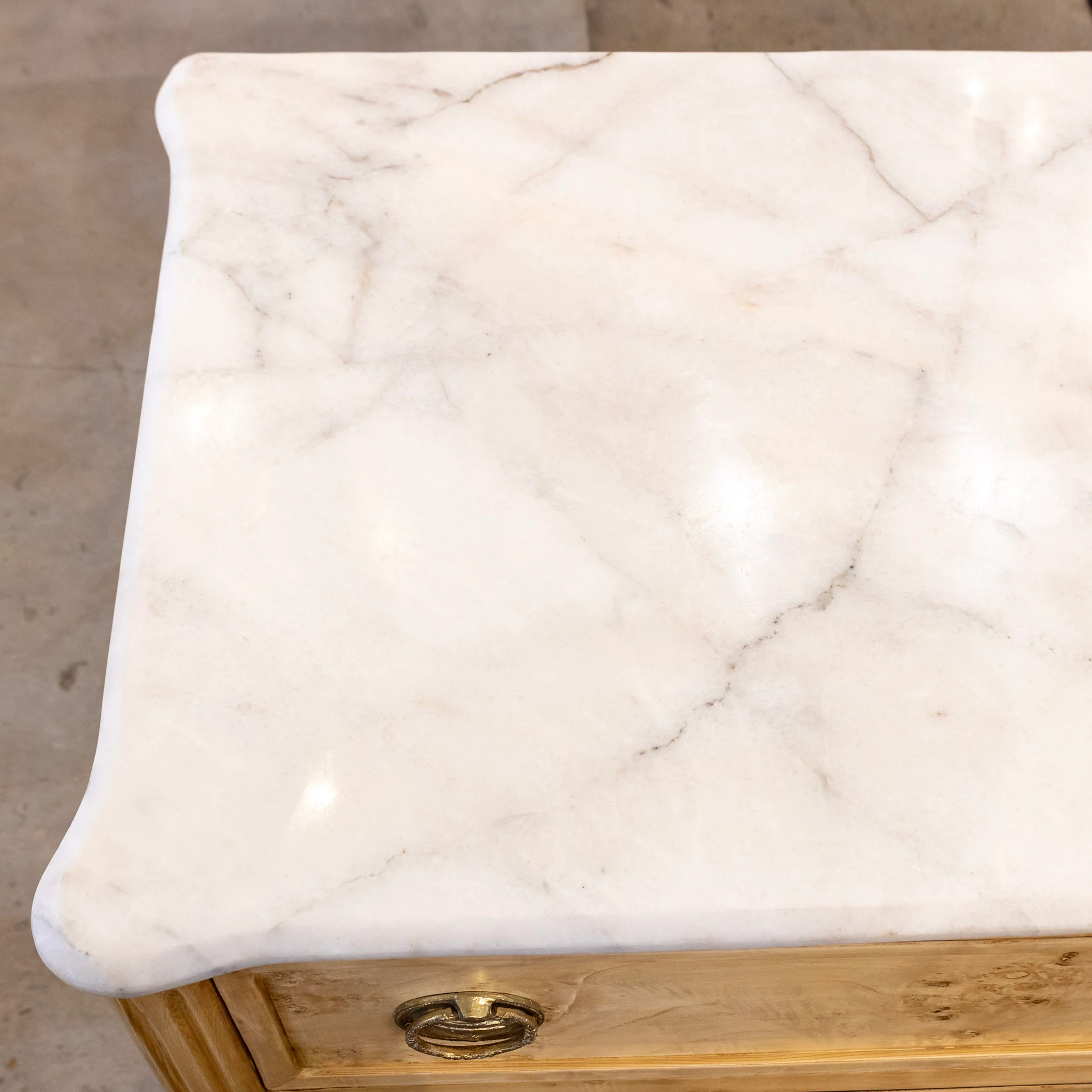 Louis XVI Burl Chest – Light Stripped Wood & White Marble Top - Image 5