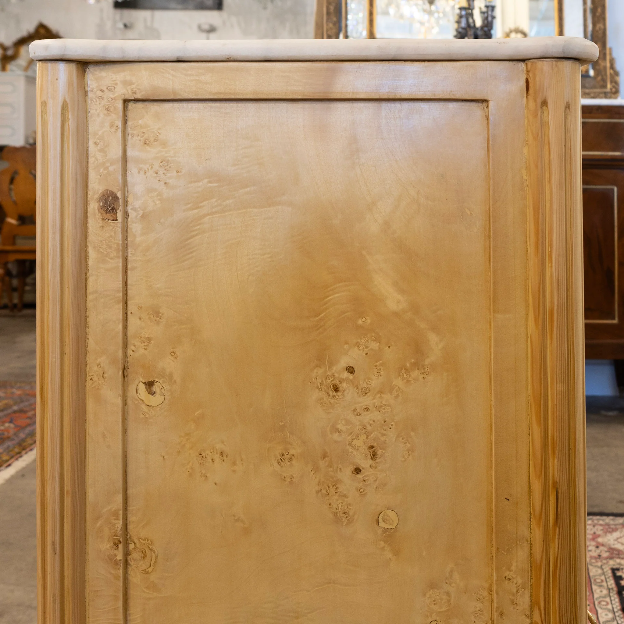 Louis XVI Burl Chest – Light Stripped Wood & White Marble Top - Image 6