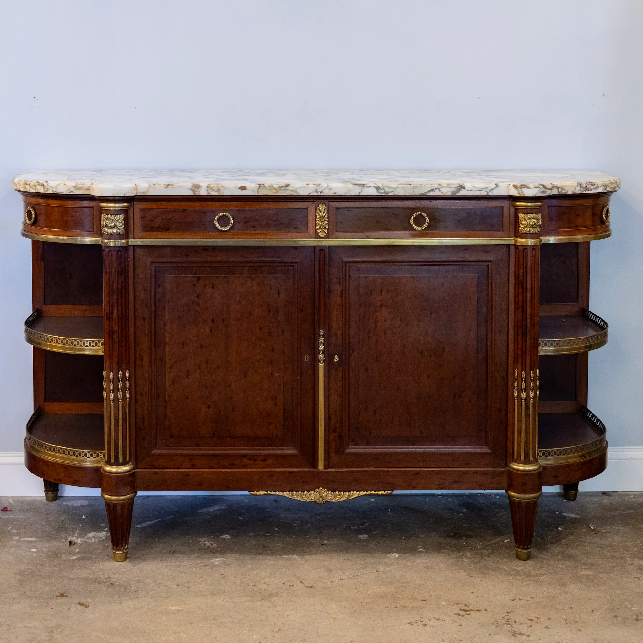 Louis XVI Burl Walnut Demilune Sideboard – Calacatta Vagli Oro Marble Top & Bronze Ormolu
