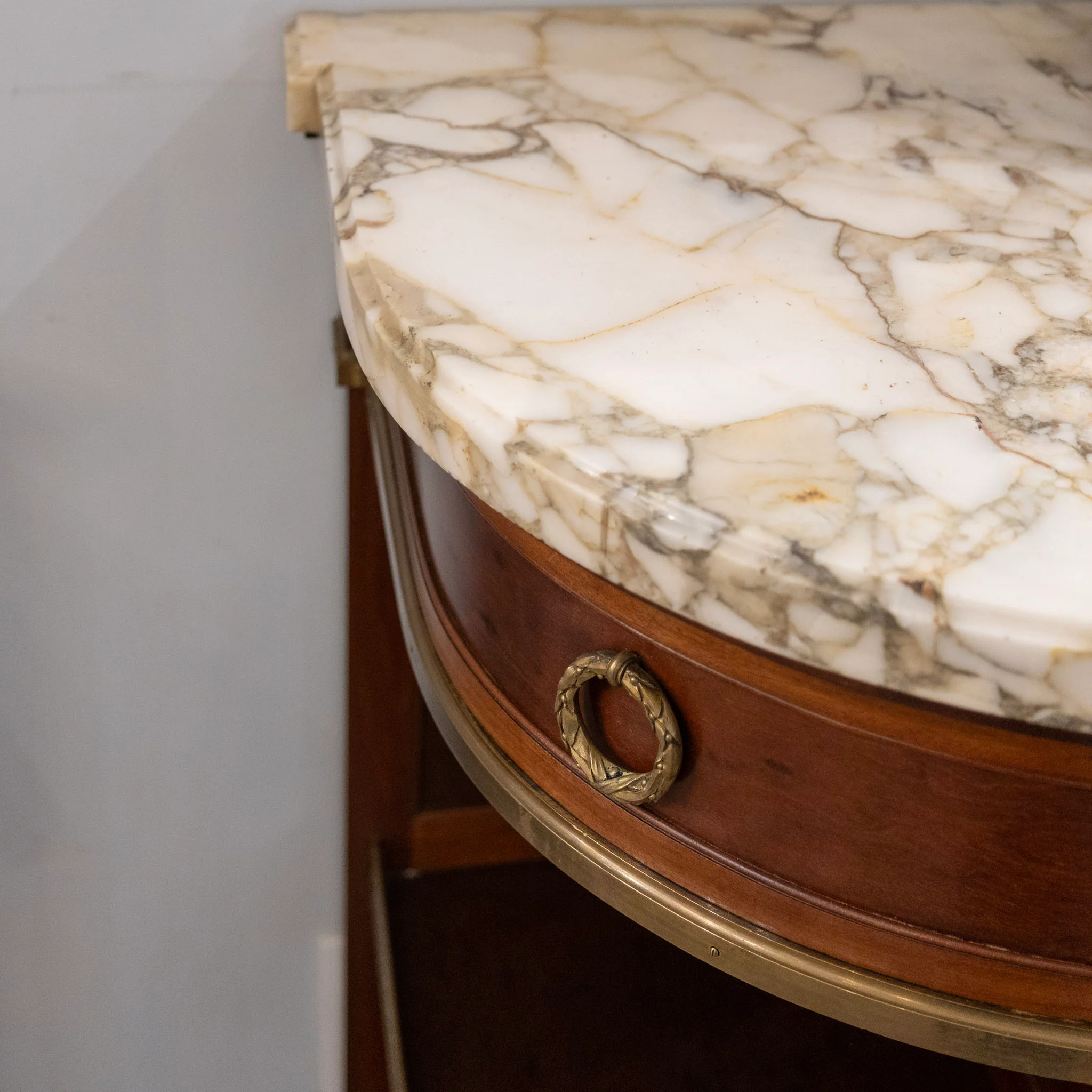 Louis XVI Burl Walnut Demilune Sideboard – Calacatta Vagli Oro Marble Top & Bronze Ormolu - Image 13