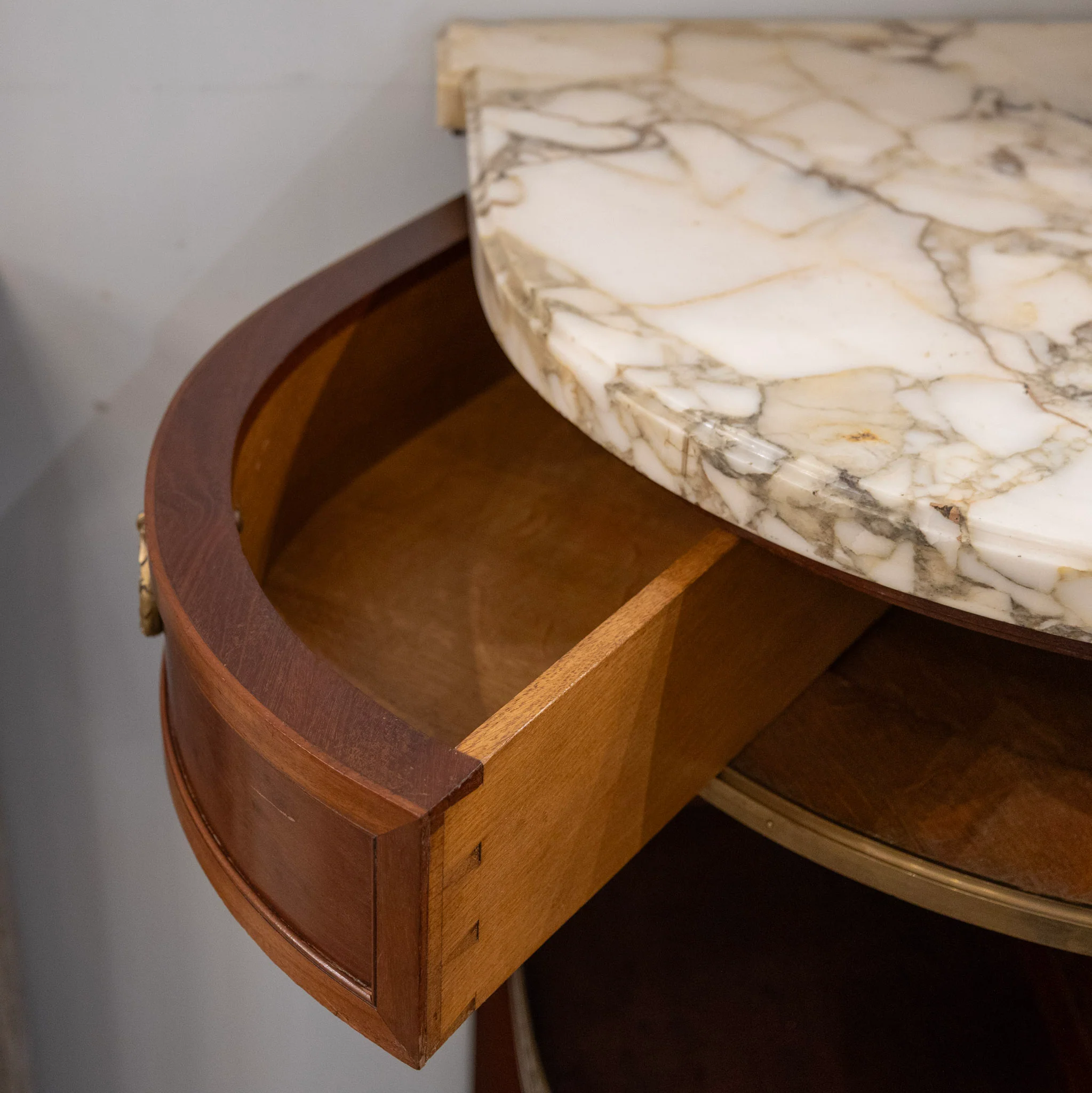 Louis XVI Burl Walnut Demilune Sideboard – Calacatta Vagli Oro Marble Top & Bronze Ormolu - Image 14