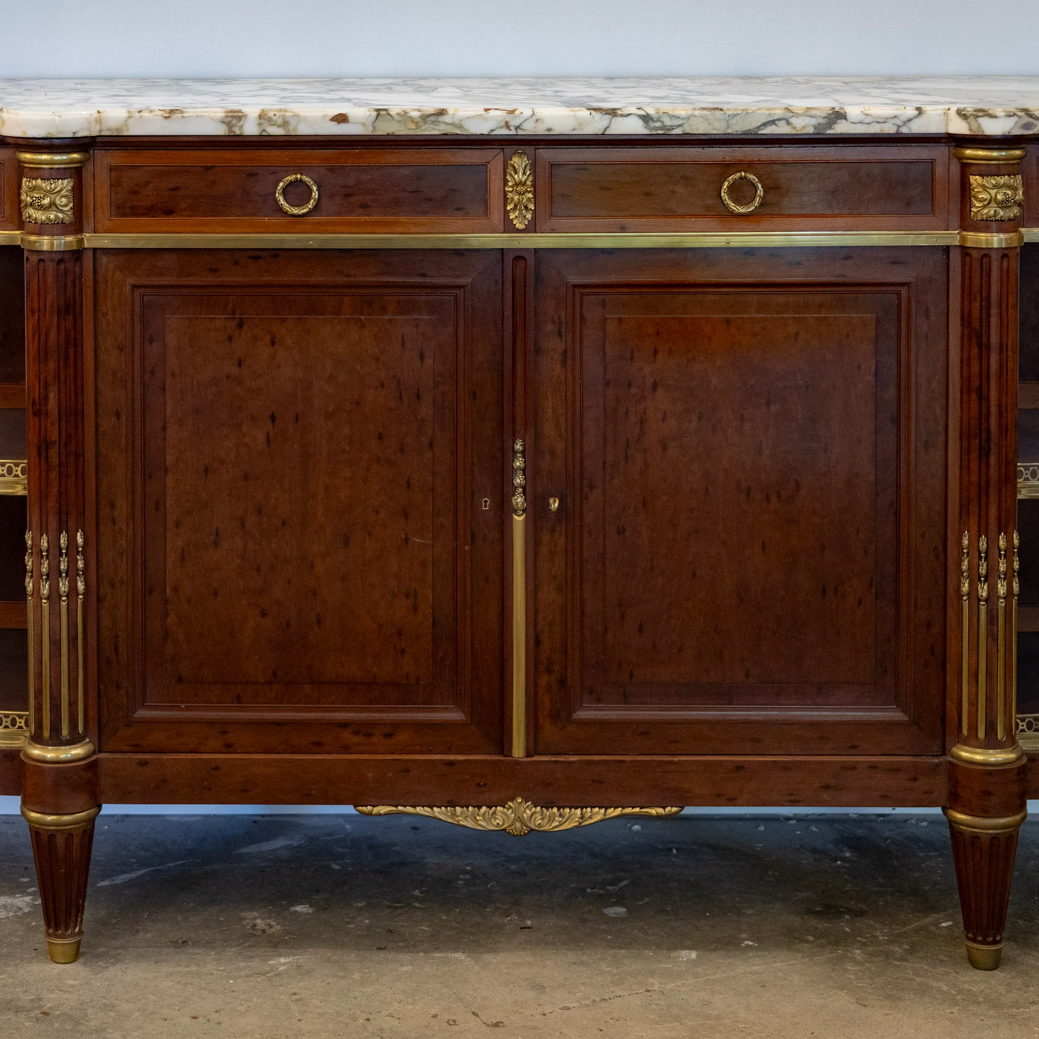 Louis XVI Burl Walnut Demilune Sideboard – Calacatta Vagli Oro Marble Top & Bronze Ormolu - Image 2