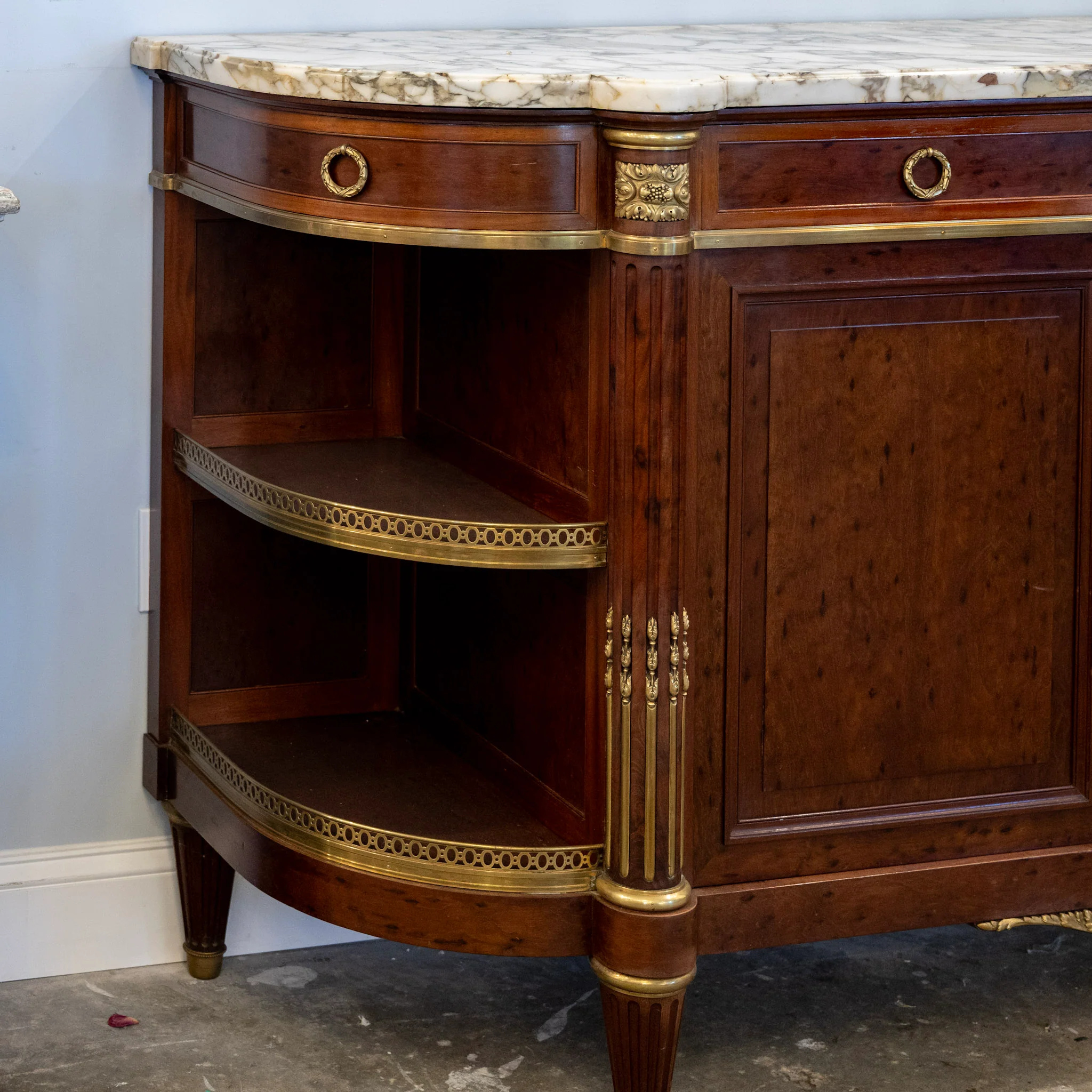 Louis XVI Burl Walnut Demilune Sideboard – Calacatta Vagli Oro Marble Top & Bronze Ormolu - Image 6