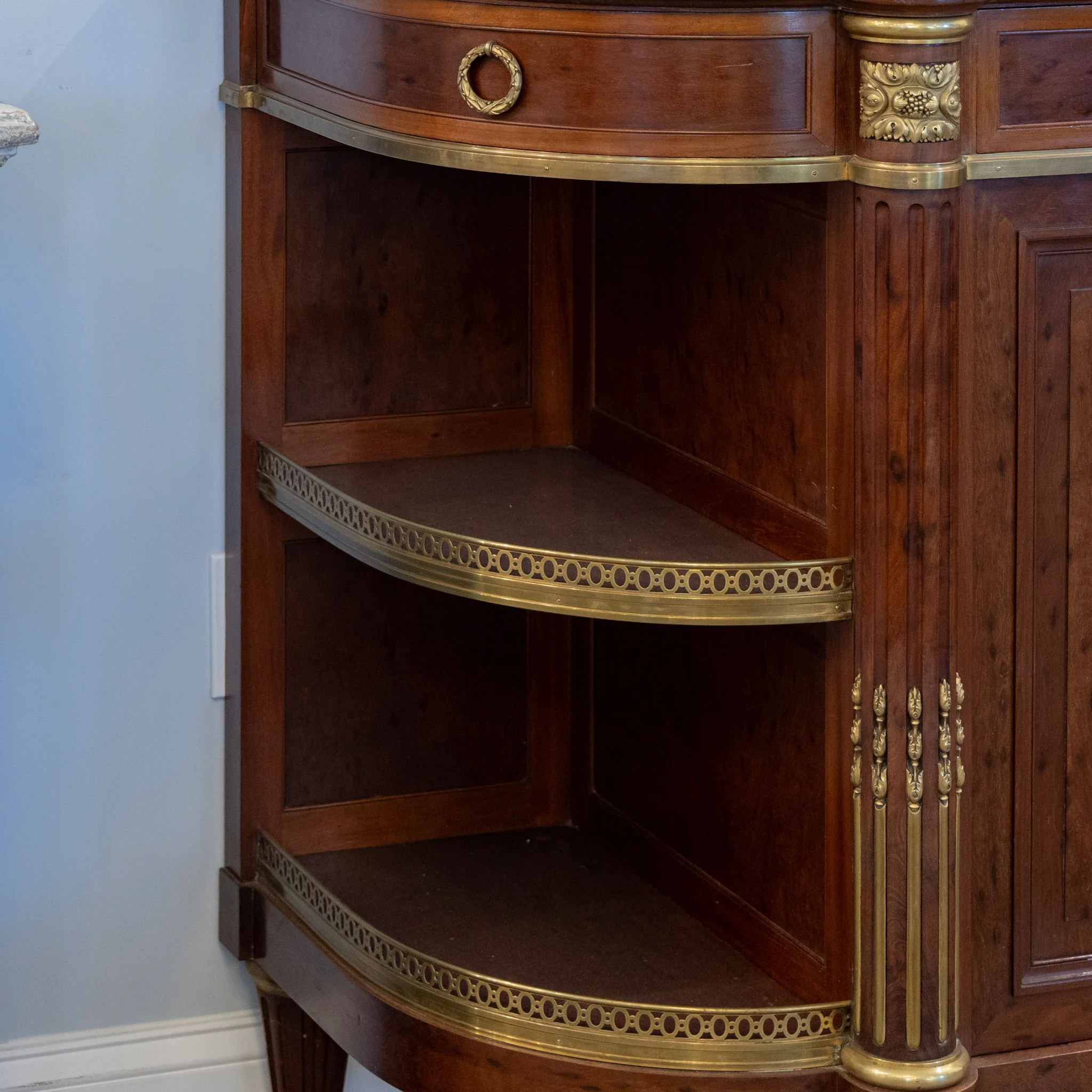 Louis XVI Burl Walnut Demilune Sideboard – Calacatta Vagli Oro Marble Top & Bronze Ormolu - Image 7