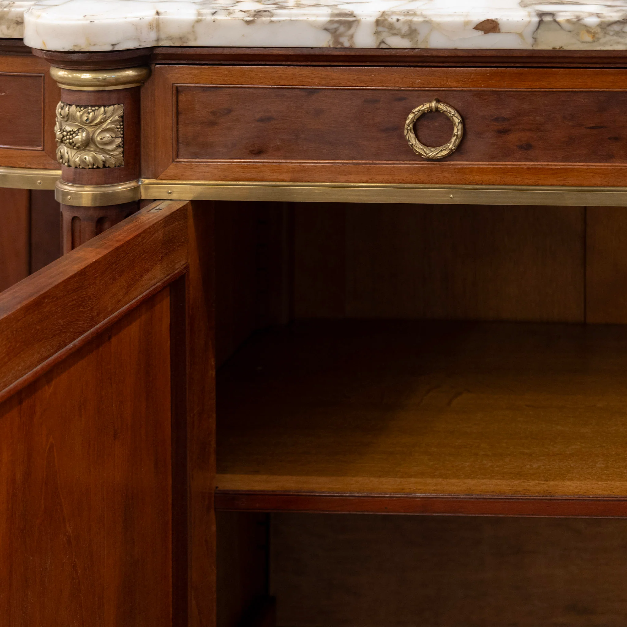 Louis XVI Burl Walnut Demilune Sideboard – Calacatta Vagli Oro Marble Top & Bronze Ormolu - Image 9
