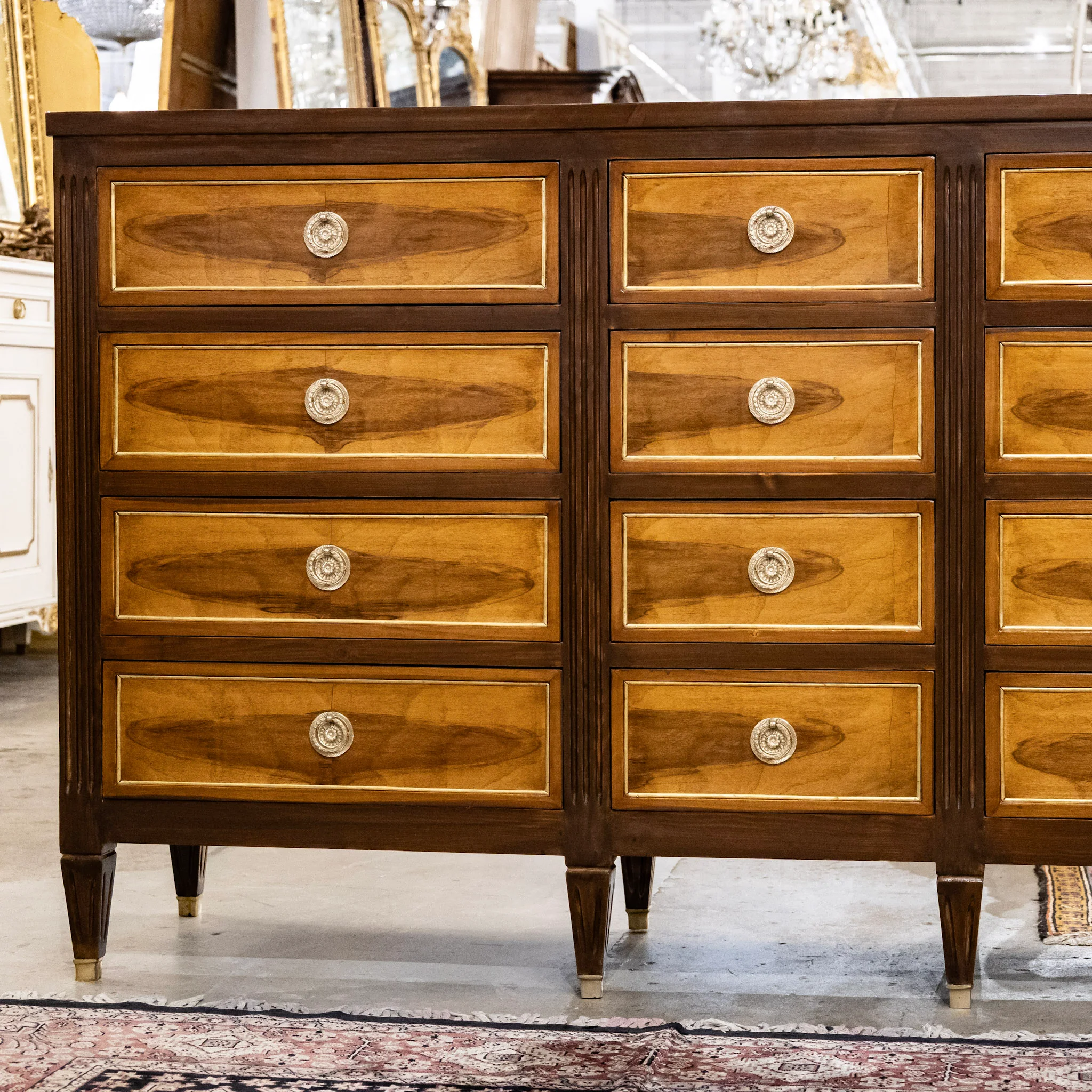 Louis XVI Burl Wood 12-Drawer Dresser with Brass Trim & Gold Inlay - Image 3
