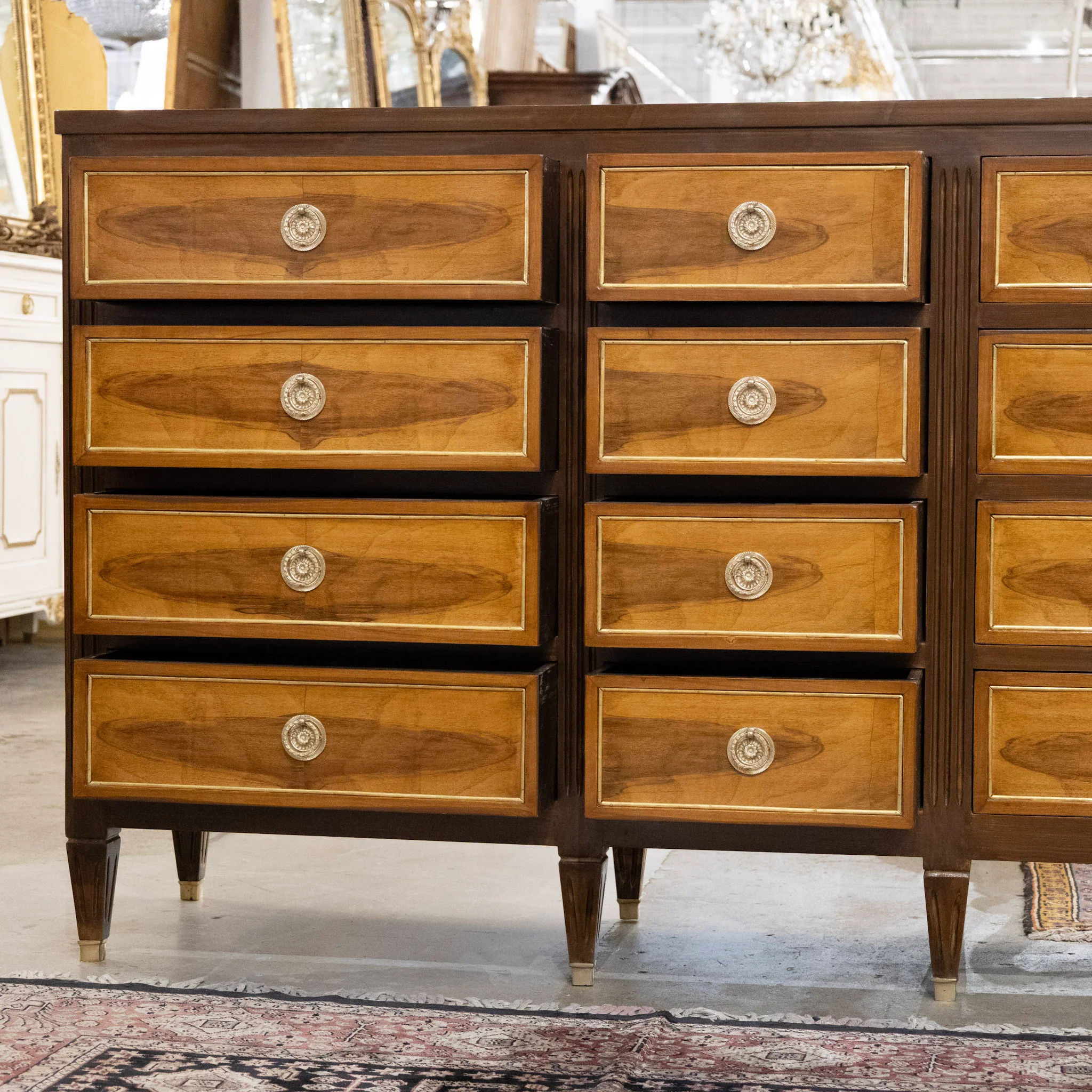 Louis XVI Burl Wood 12-Drawer Dresser with Brass Trim & Gold Inlay - Image 4