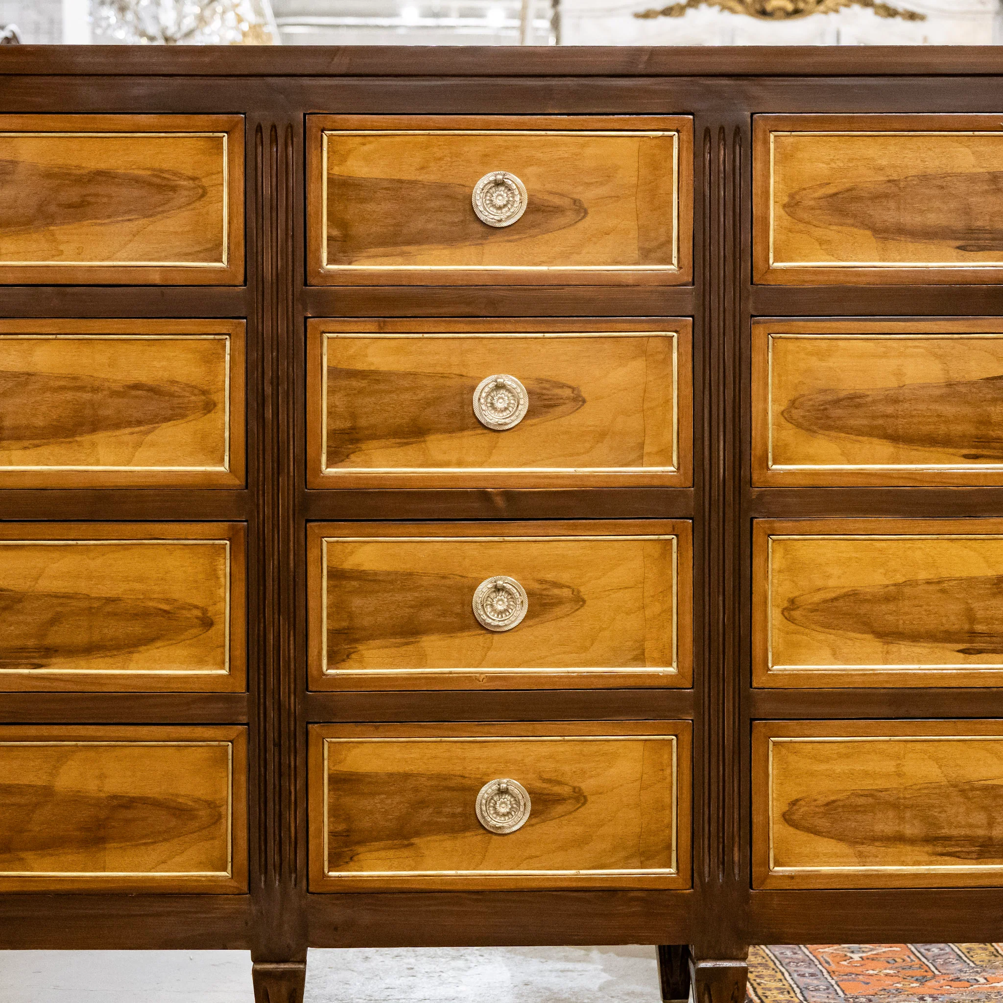 Louis XVI Burl Wood 12-Drawer Dresser with Brass Trim & Gold Inlay - Image 5