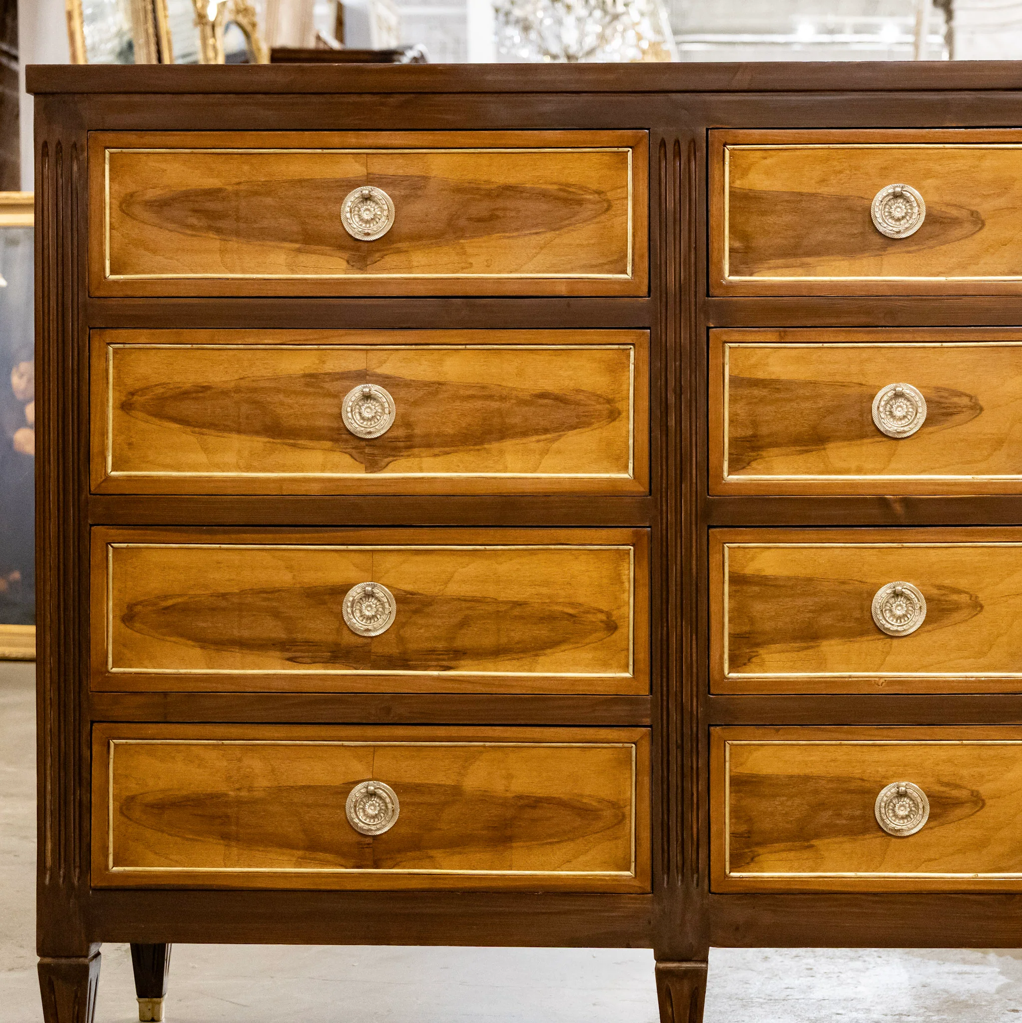 Louis XVI Burl Wood 12-Drawer Dresser with Brass Trim & Gold Inlay - Image 6