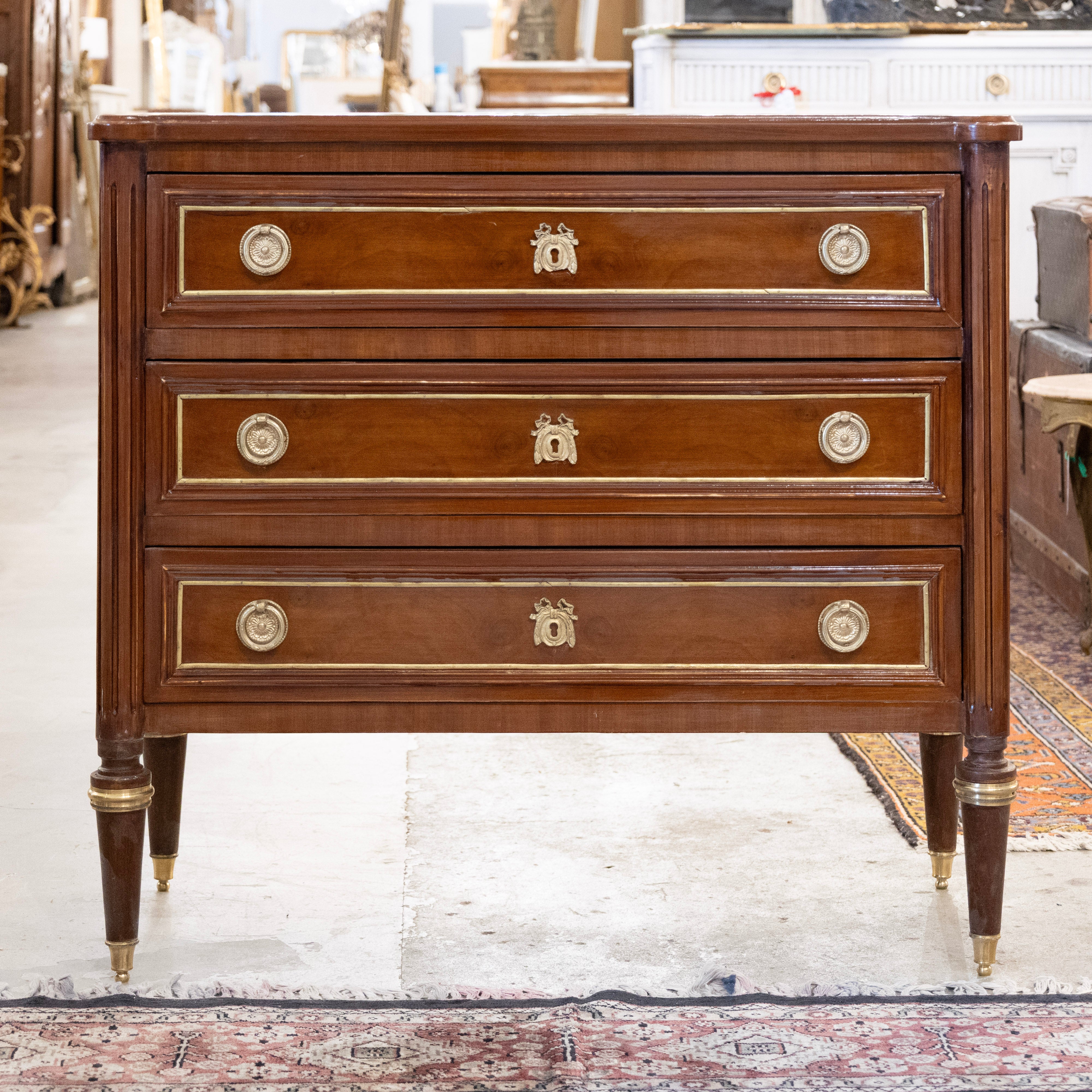 Louis XVI Burl Wood Chest – Brass Inlay Trim & Bow Hardware
