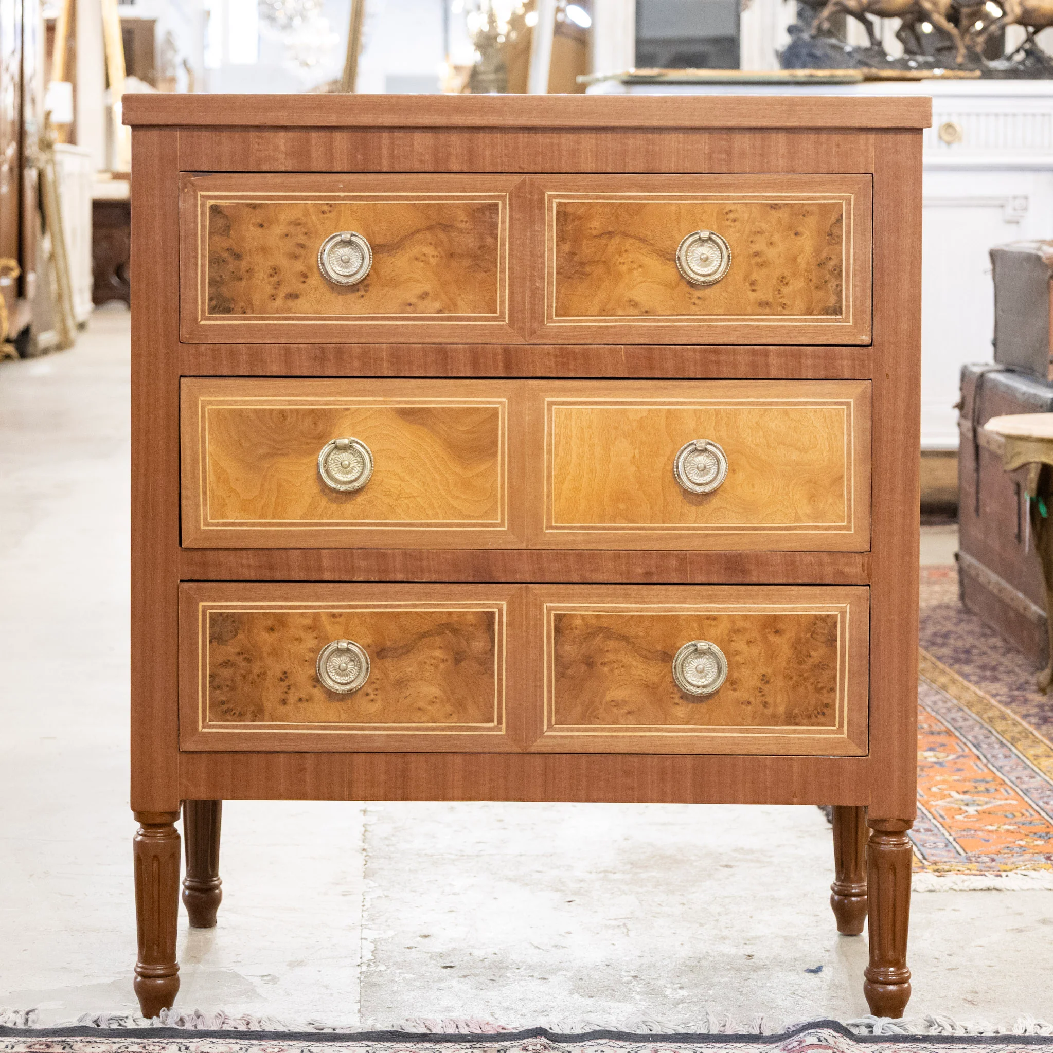 Louis XVI Burl Wood Chest – Multi-Parted Drawers & Brass Ring Pulls