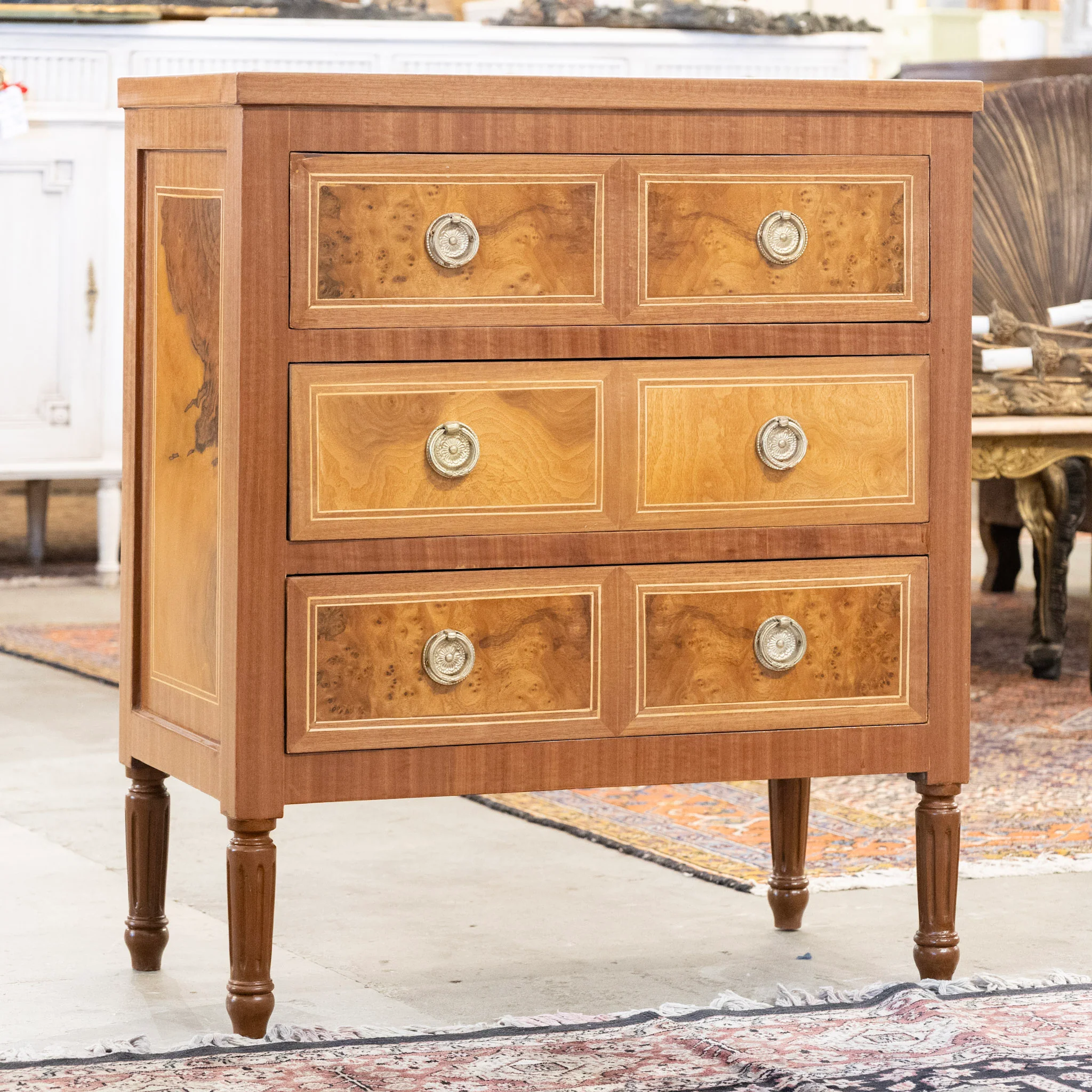 Louis XVI Burl Wood Chest – Multi-Parted Drawers & Brass Ring Pulls - Image 2