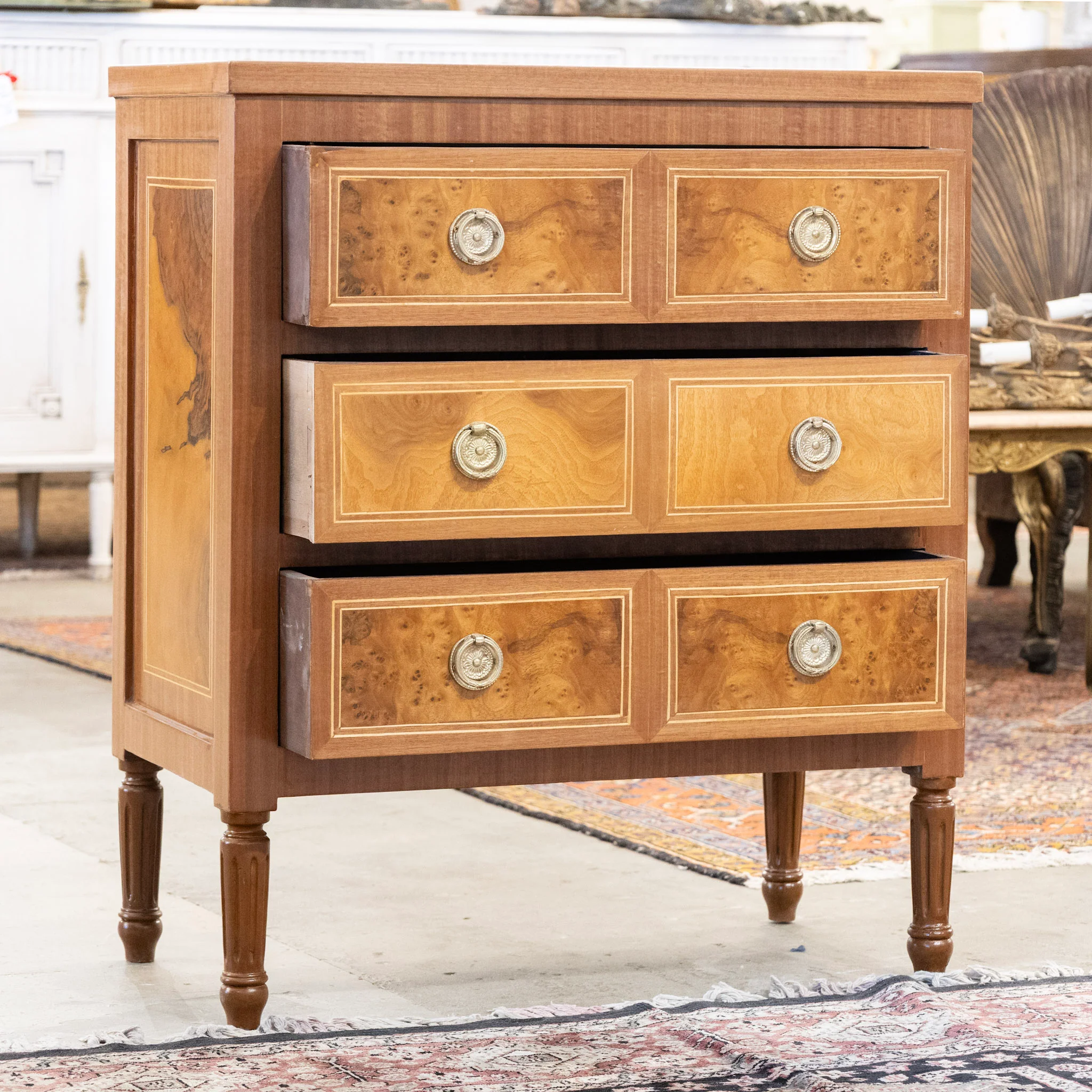 Louis XVI Burl Wood Chest – Multi-Parted Drawers & Brass Ring Pulls - Image 3