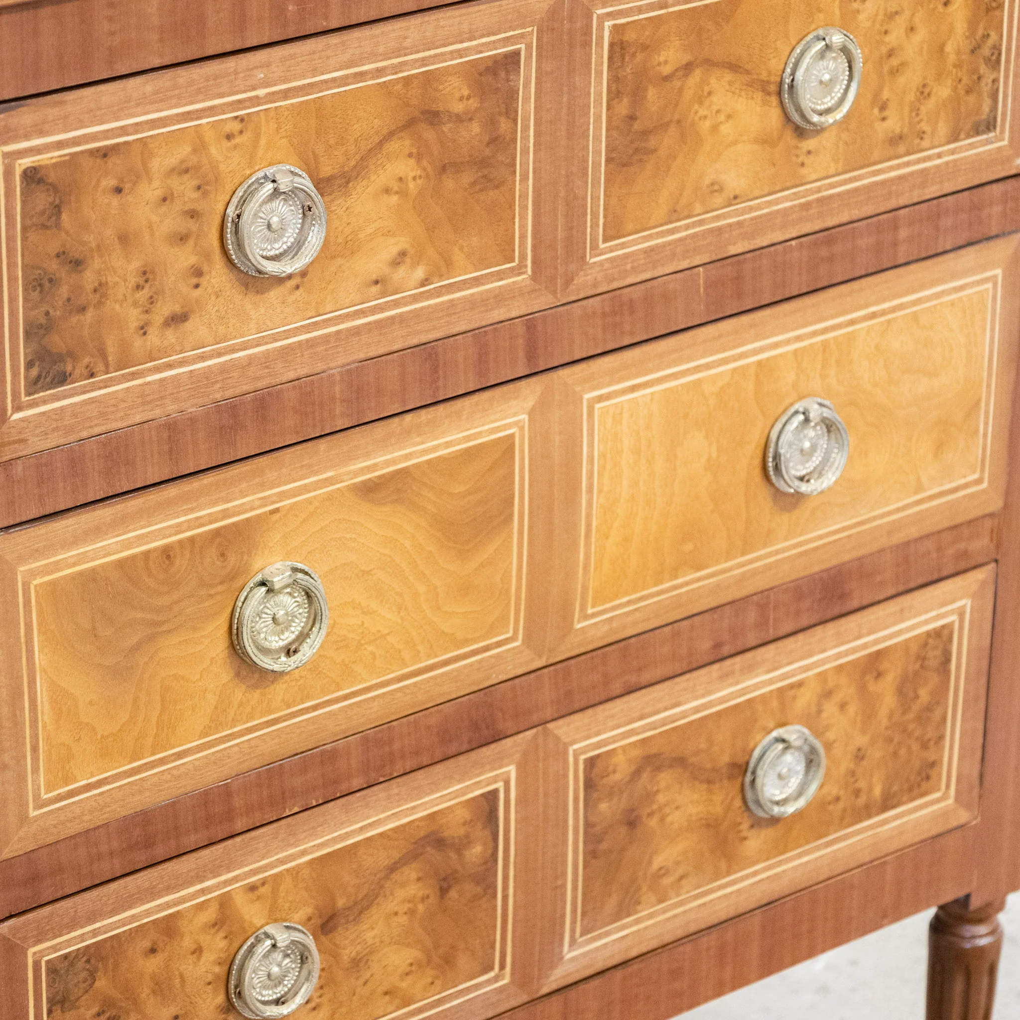 Louis XVI Burl Wood Chest – Multi-Parted Drawers & Brass Ring Pulls - Image 5
