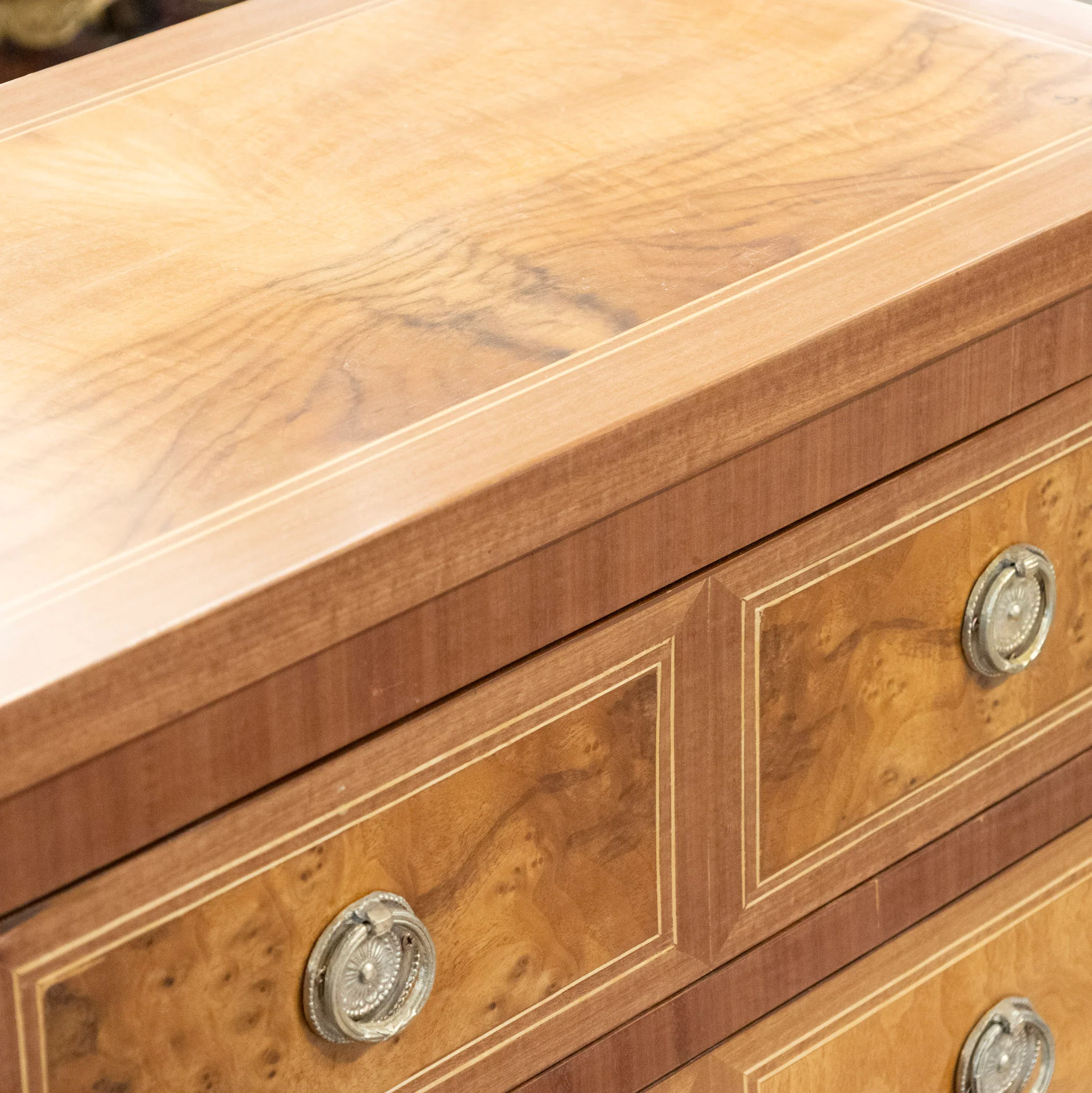 Louis XVI Burl Wood Chest – Multi-Parted Drawers & Brass Ring Pulls - Image 6