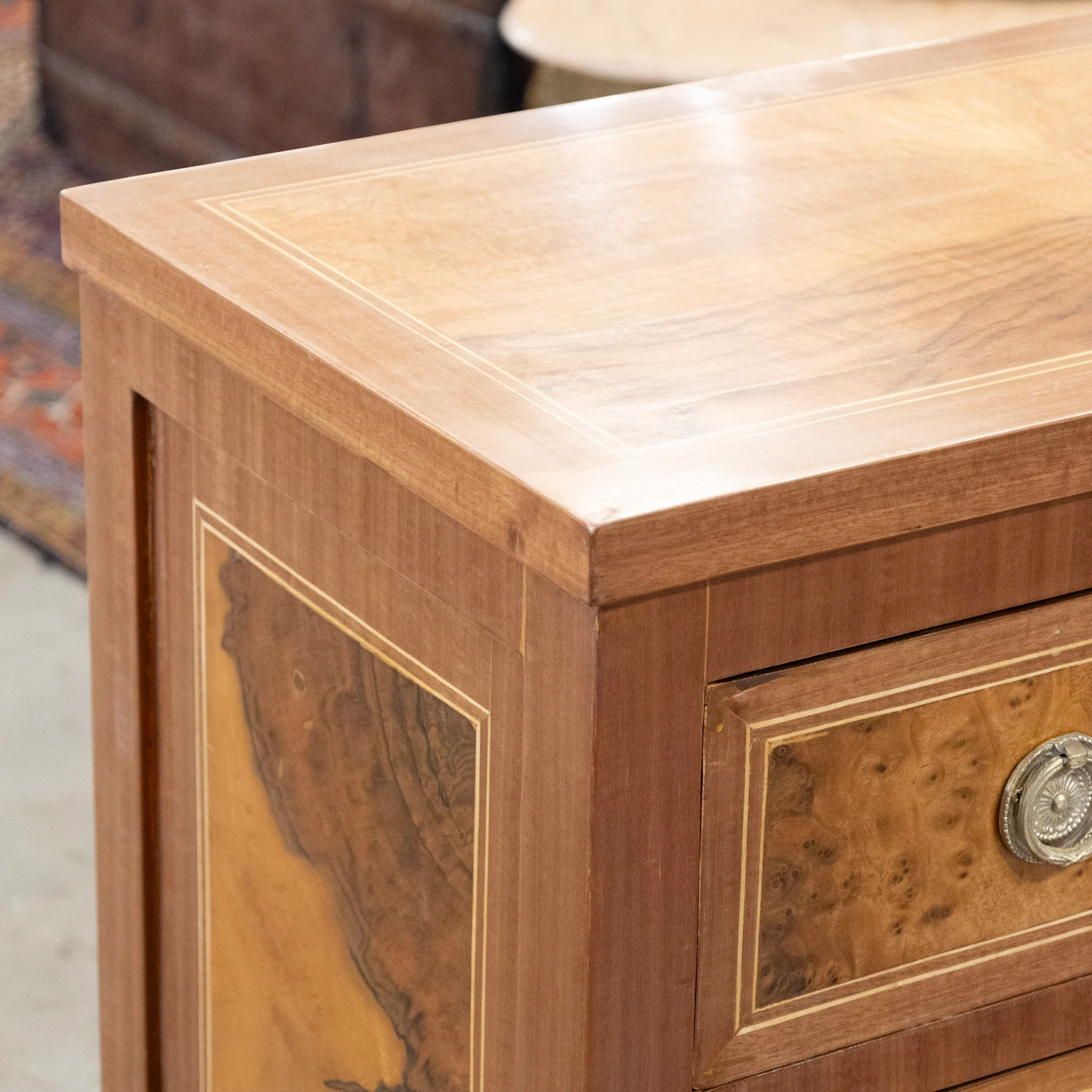 Louis XVI Burl Wood Chest – Multi-Parted Drawers & Brass Ring Pulls - Image 7