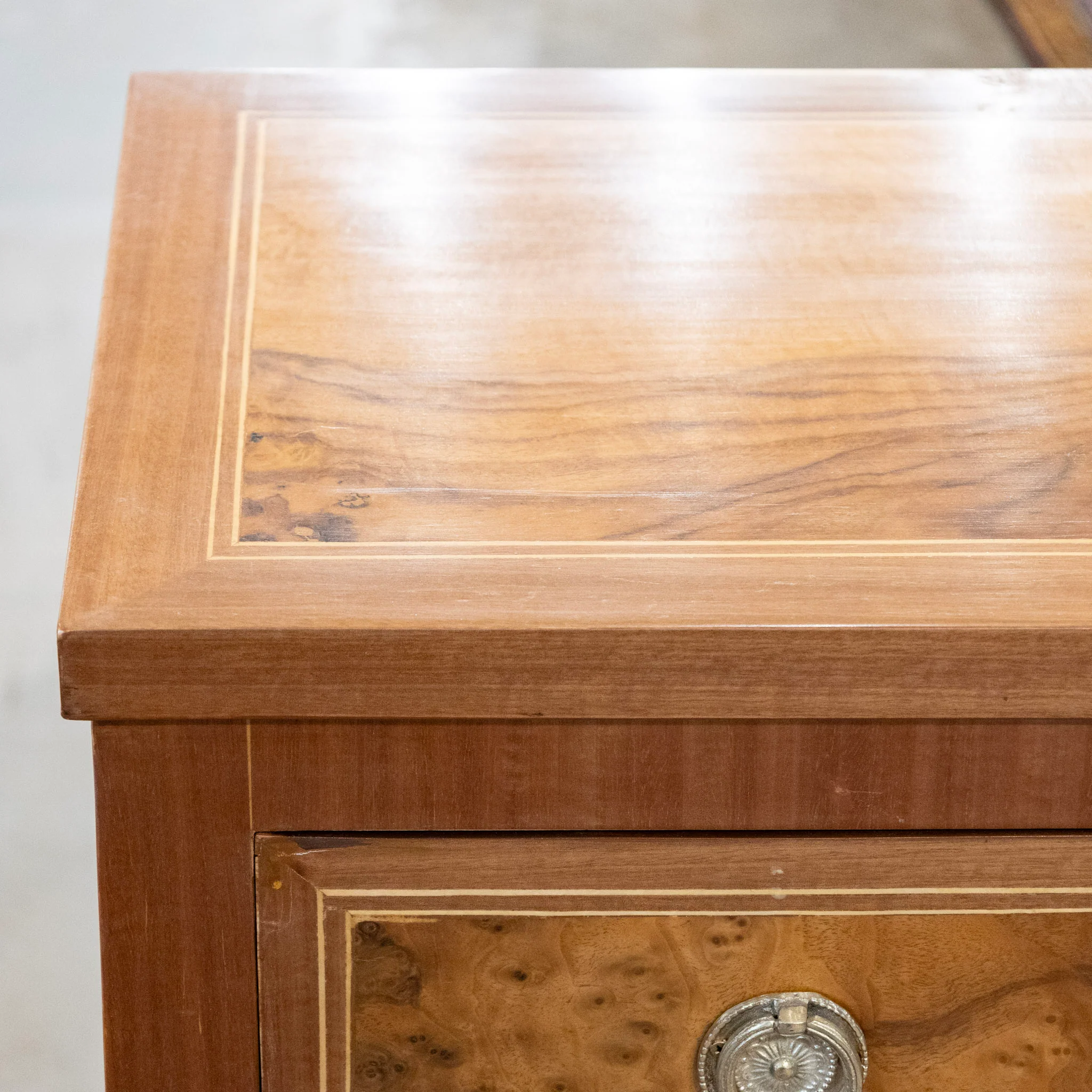 Louis XVI Burl Wood Chest – Multi-Parted Drawers & Brass Ring Pulls - Image 9