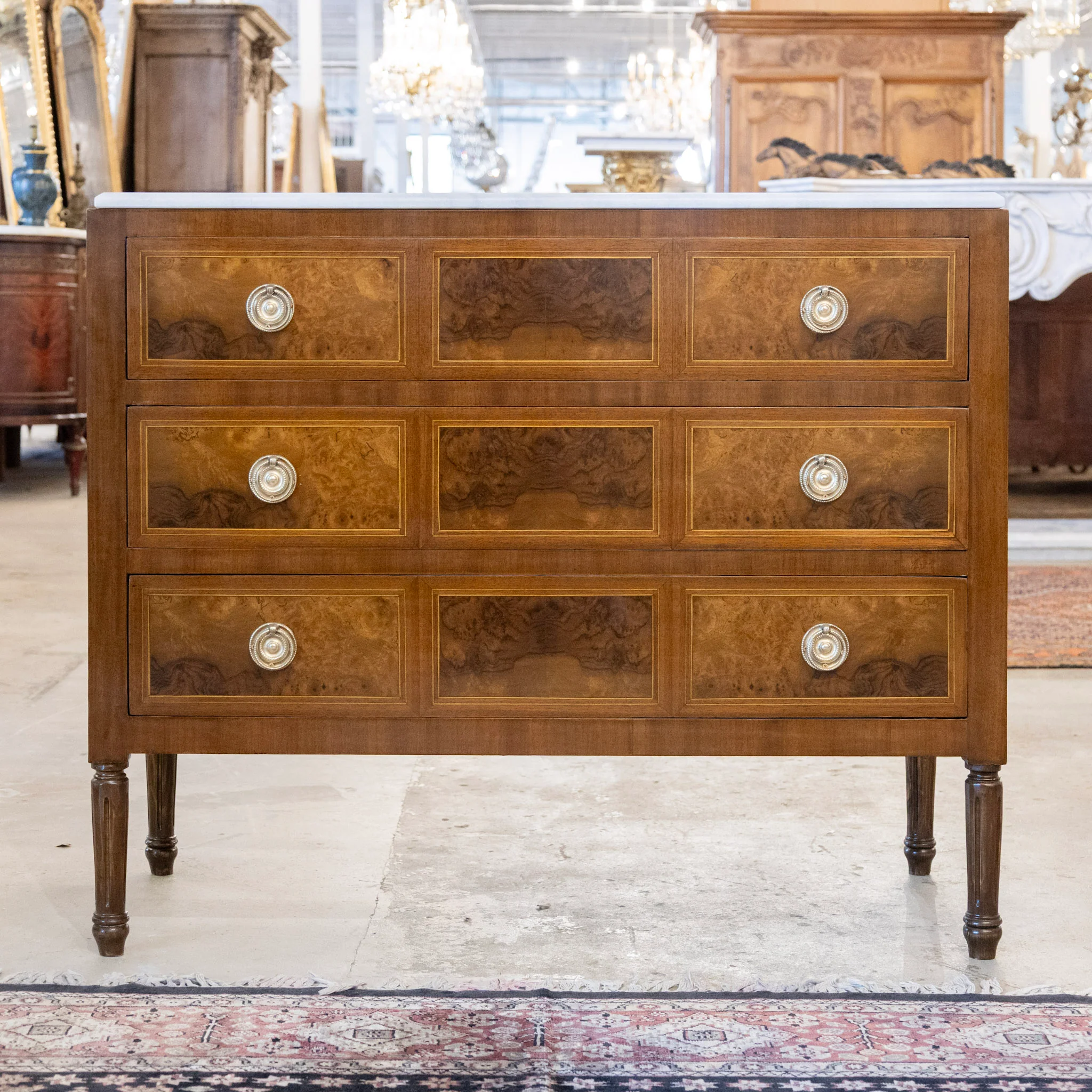 Louis XVI Burl Wood Chest – White Marble Top & Wood Inlay