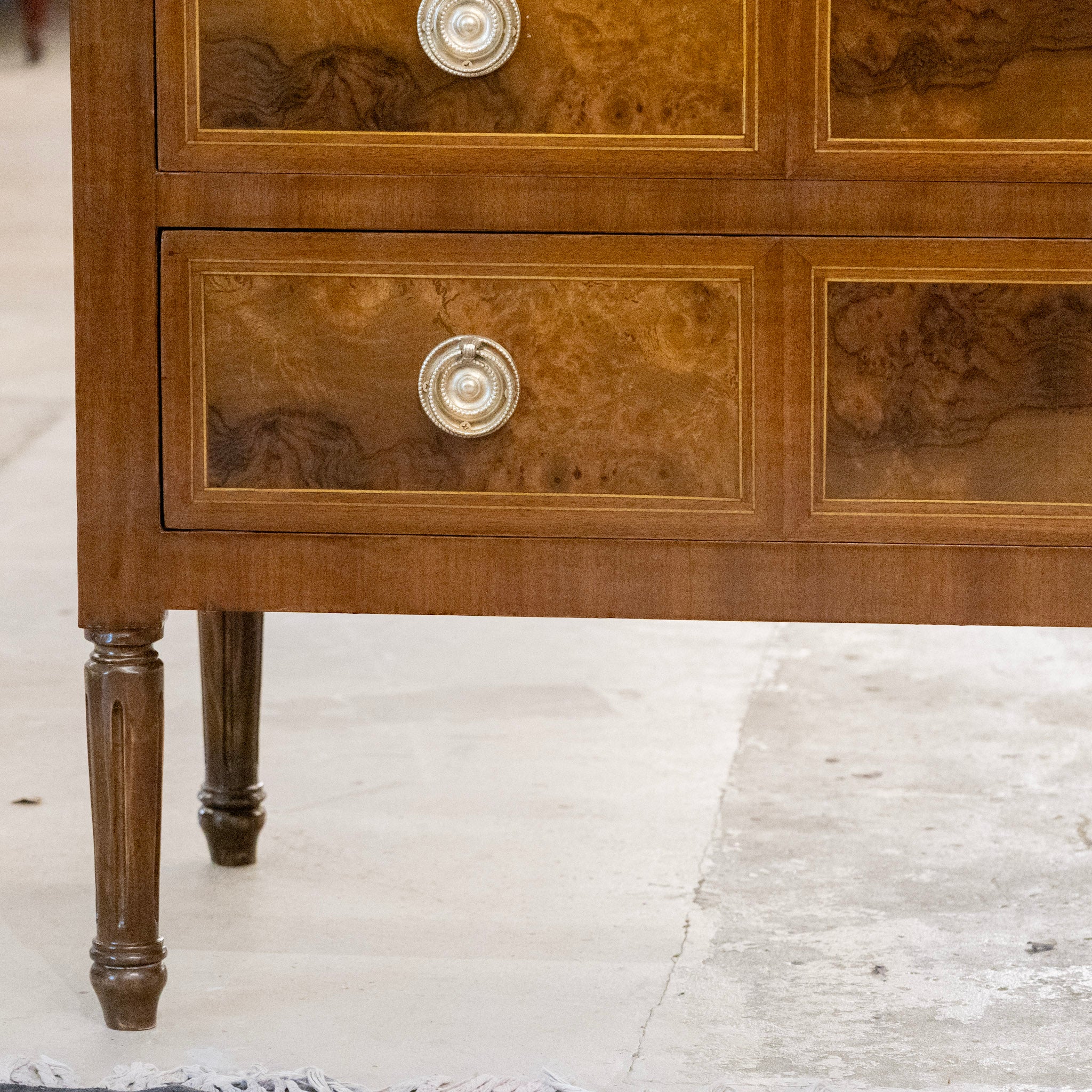 Louis XVI Burl Wood Chest – White Marble Top & Wood Inlay - Image 10