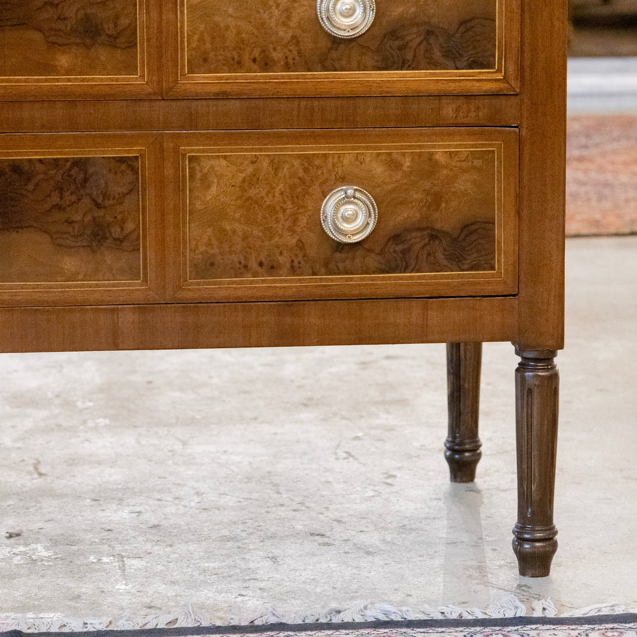 Louis XVI Burl Wood Chest – White Marble Top & Wood Inlay - Image 11
