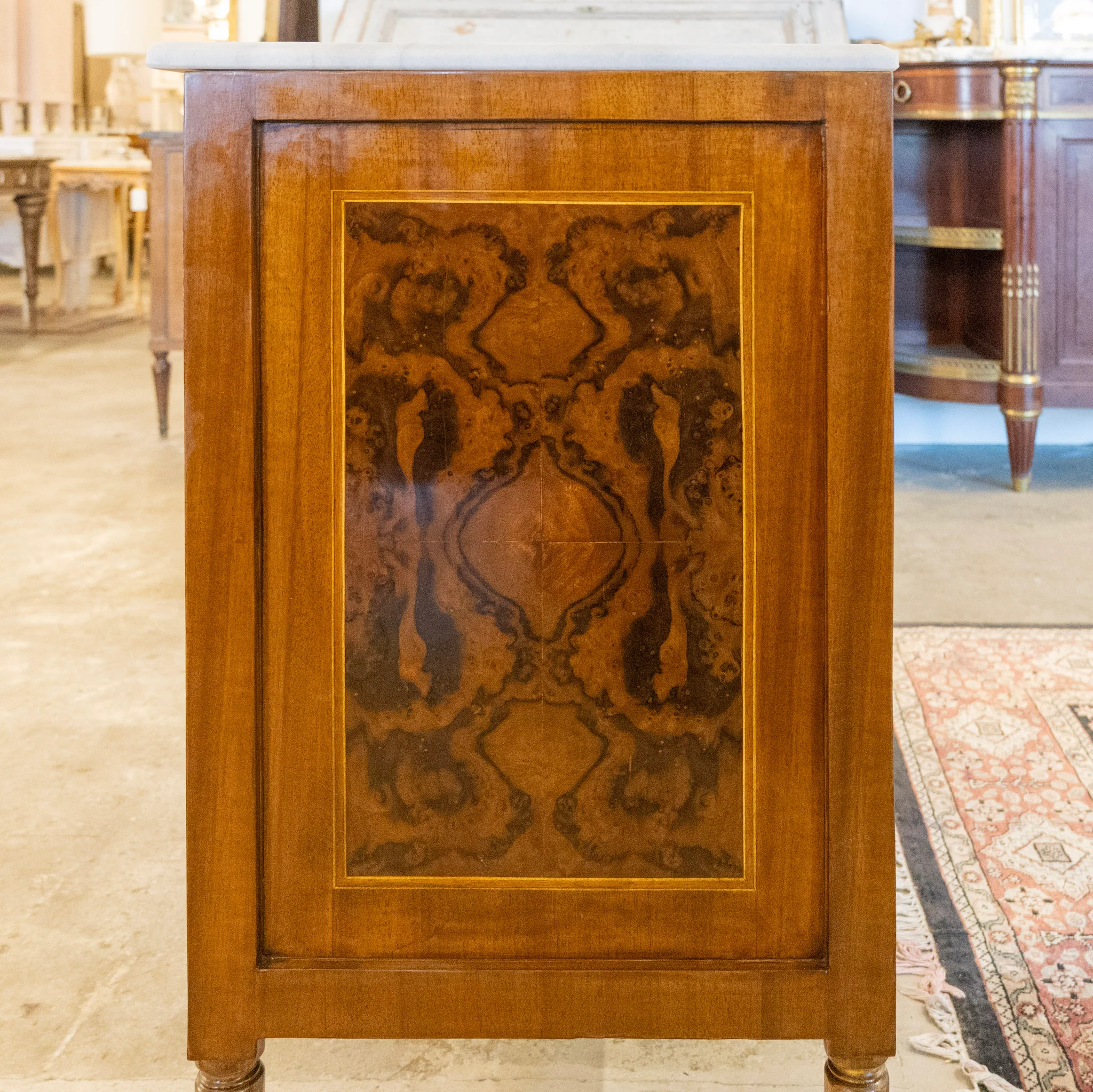 Louis XVI Burl Wood Chest – White Marble Top & Wood Inlay - Image 13
