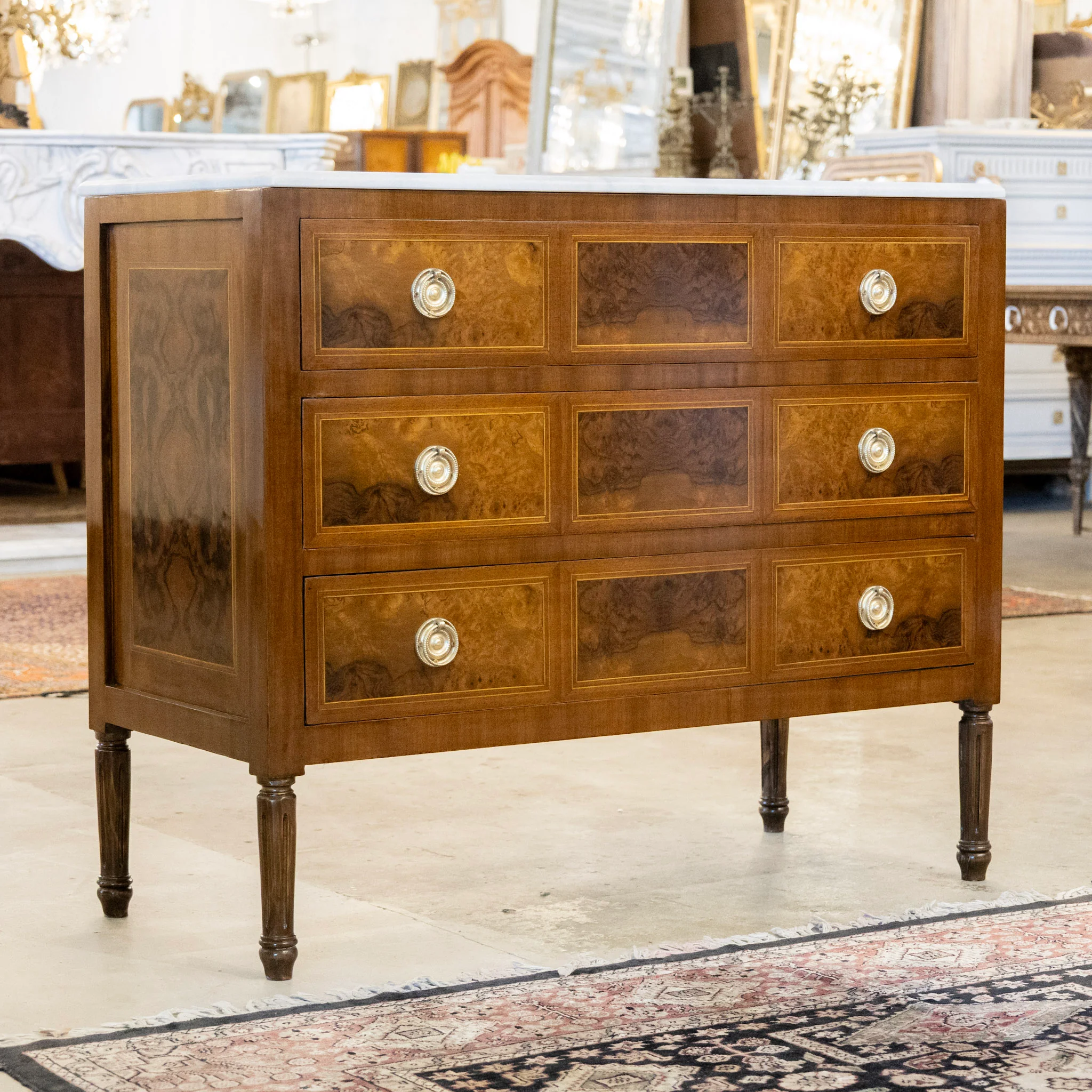 Louis XVI Burl Wood Chest – White Marble Top & Wood Inlay - Image 2