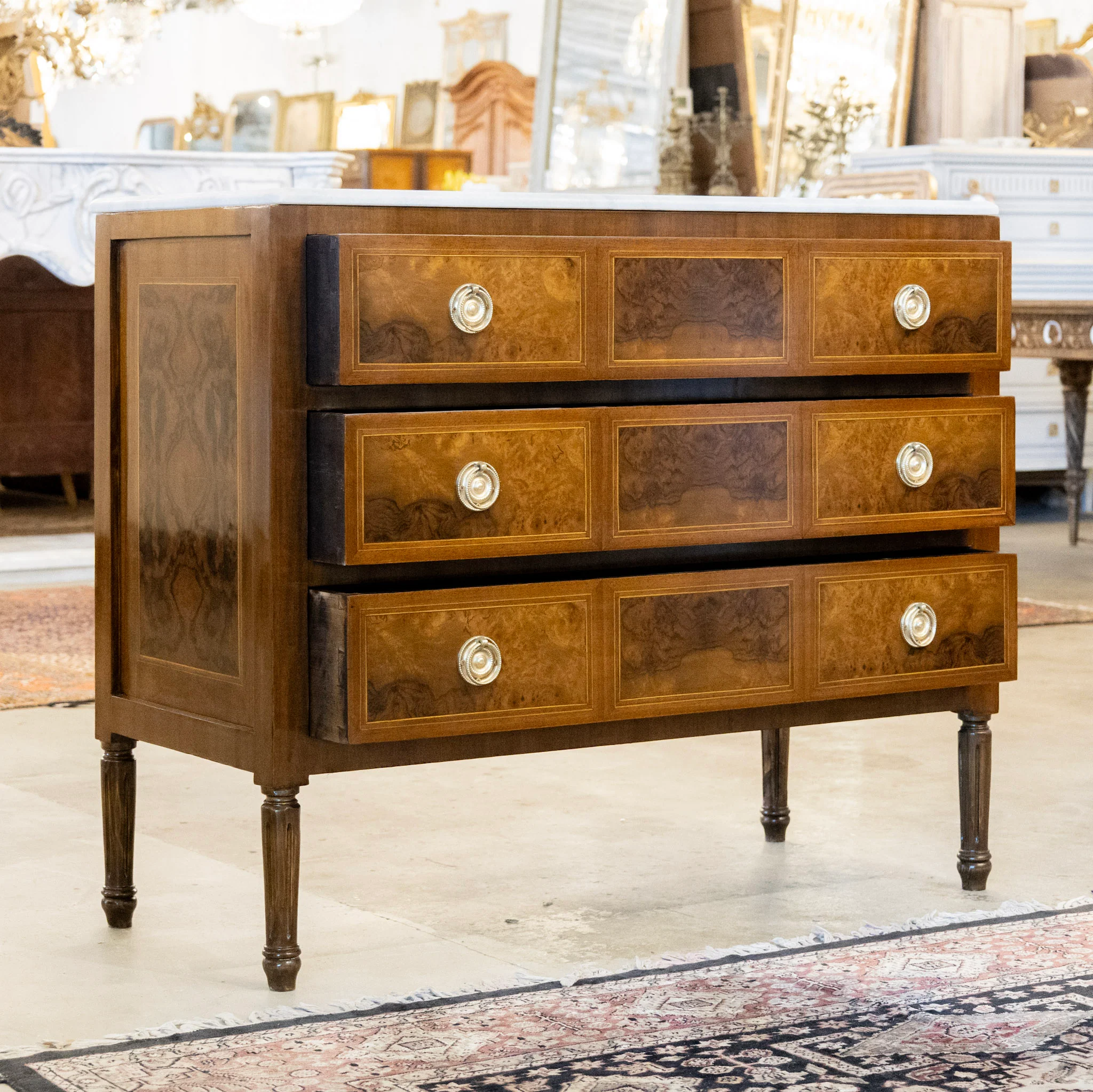 Louis XVI Burl Wood Chest – White Marble Top & Wood Inlay - Image 3