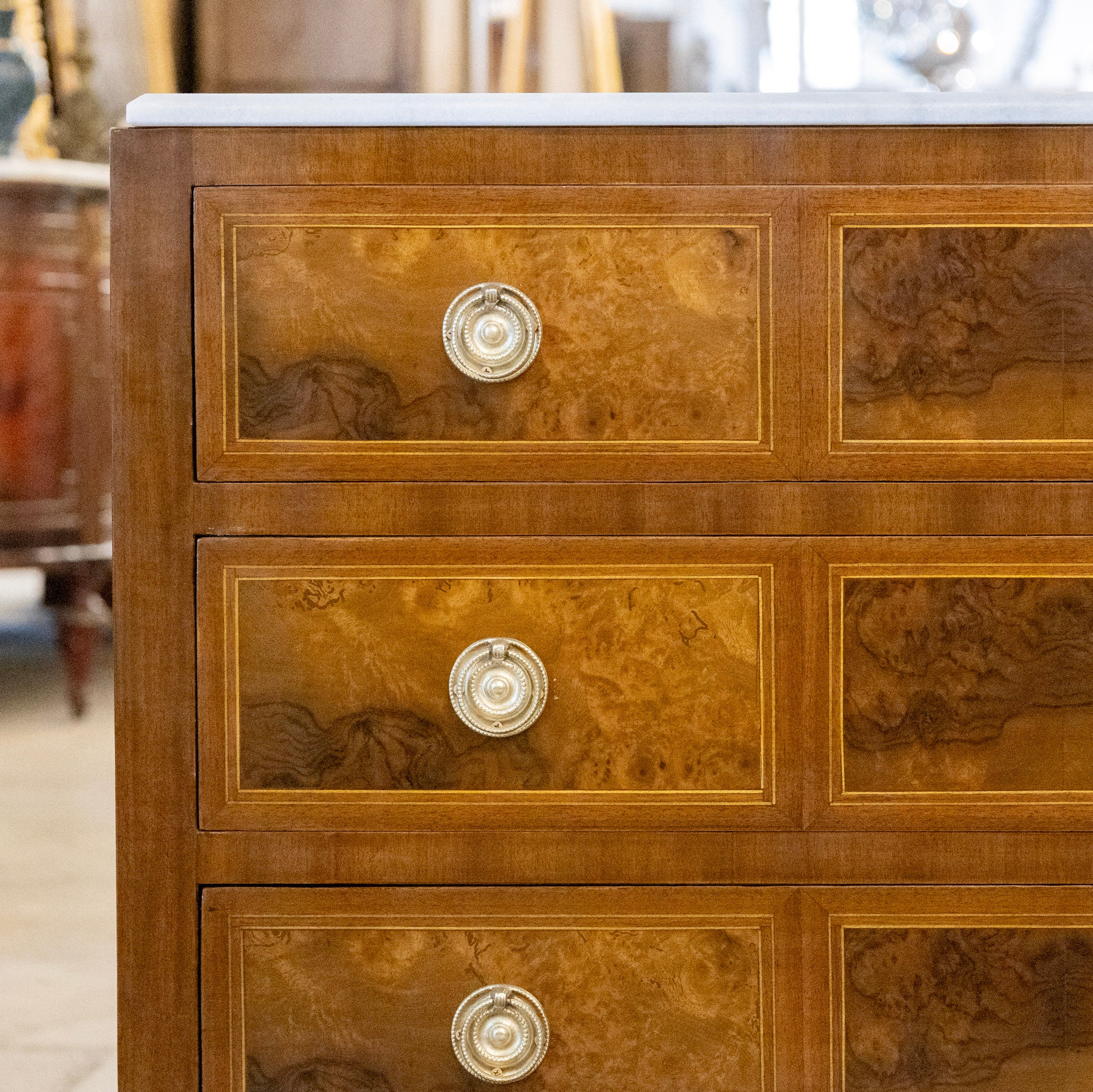 Louis XVI Burl Wood Chest – White Marble Top & Wood Inlay - Image 4
