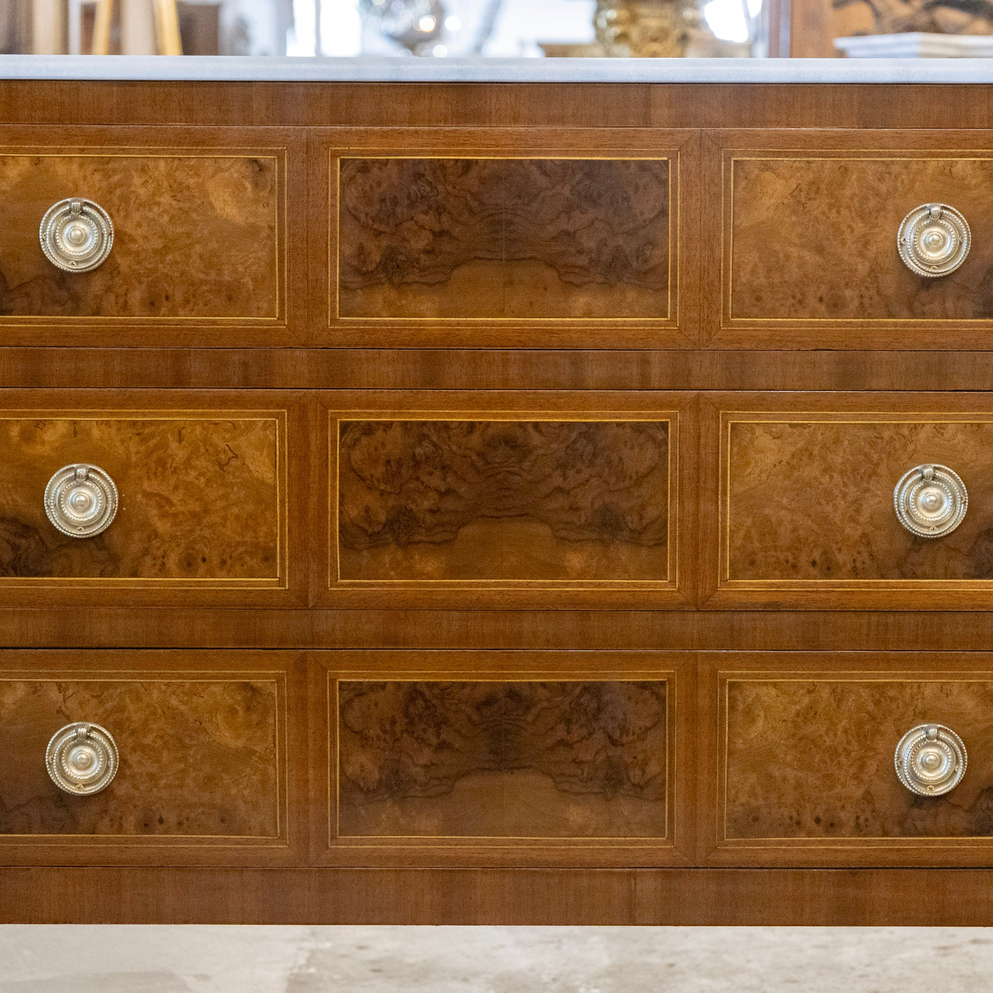 Louis XVI Burl Wood Chest – White Marble Top & Wood Inlay - Image 5