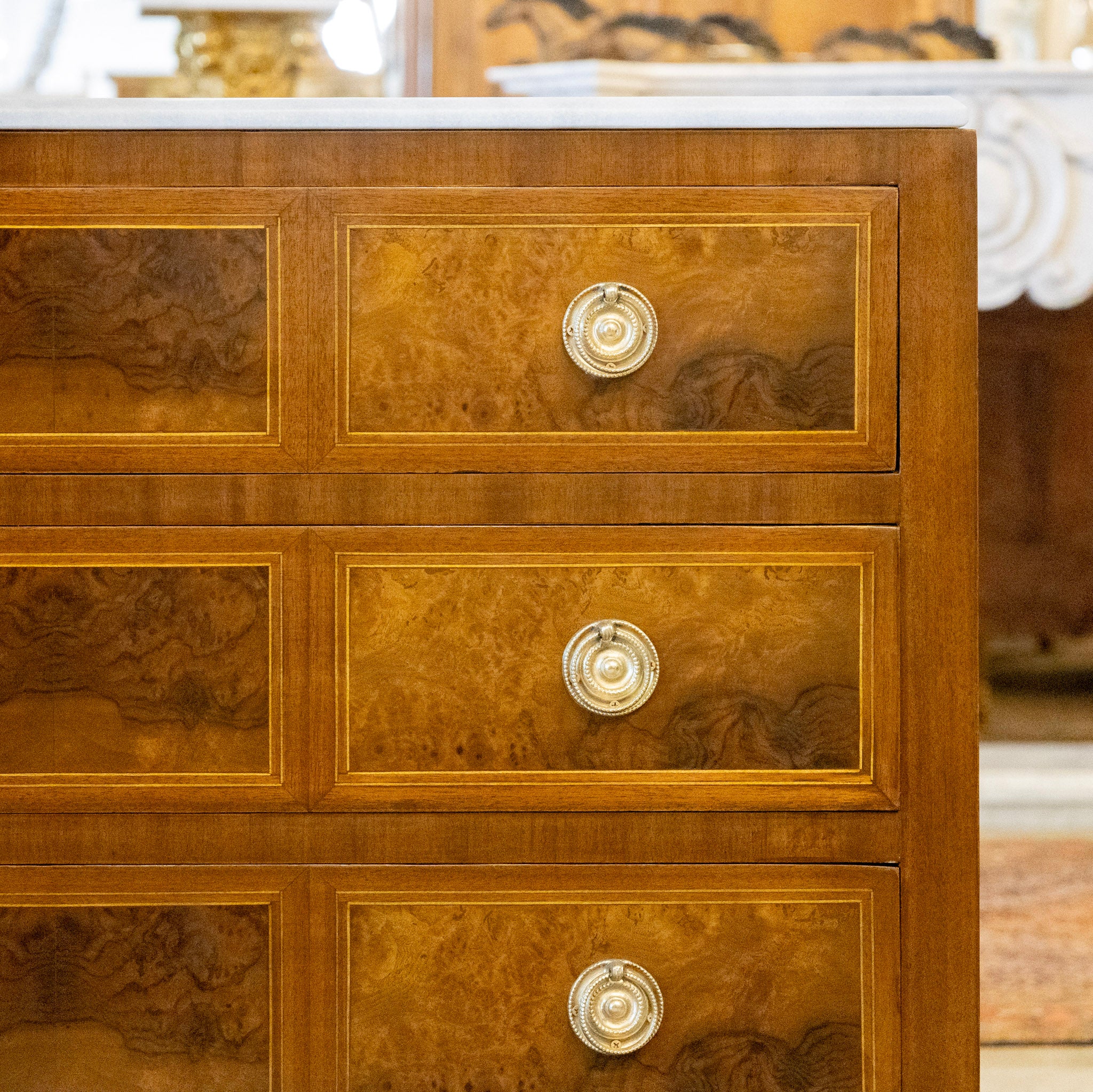 Louis XVI Burl Wood Chest – White Marble Top & Wood Inlay - Image 6
