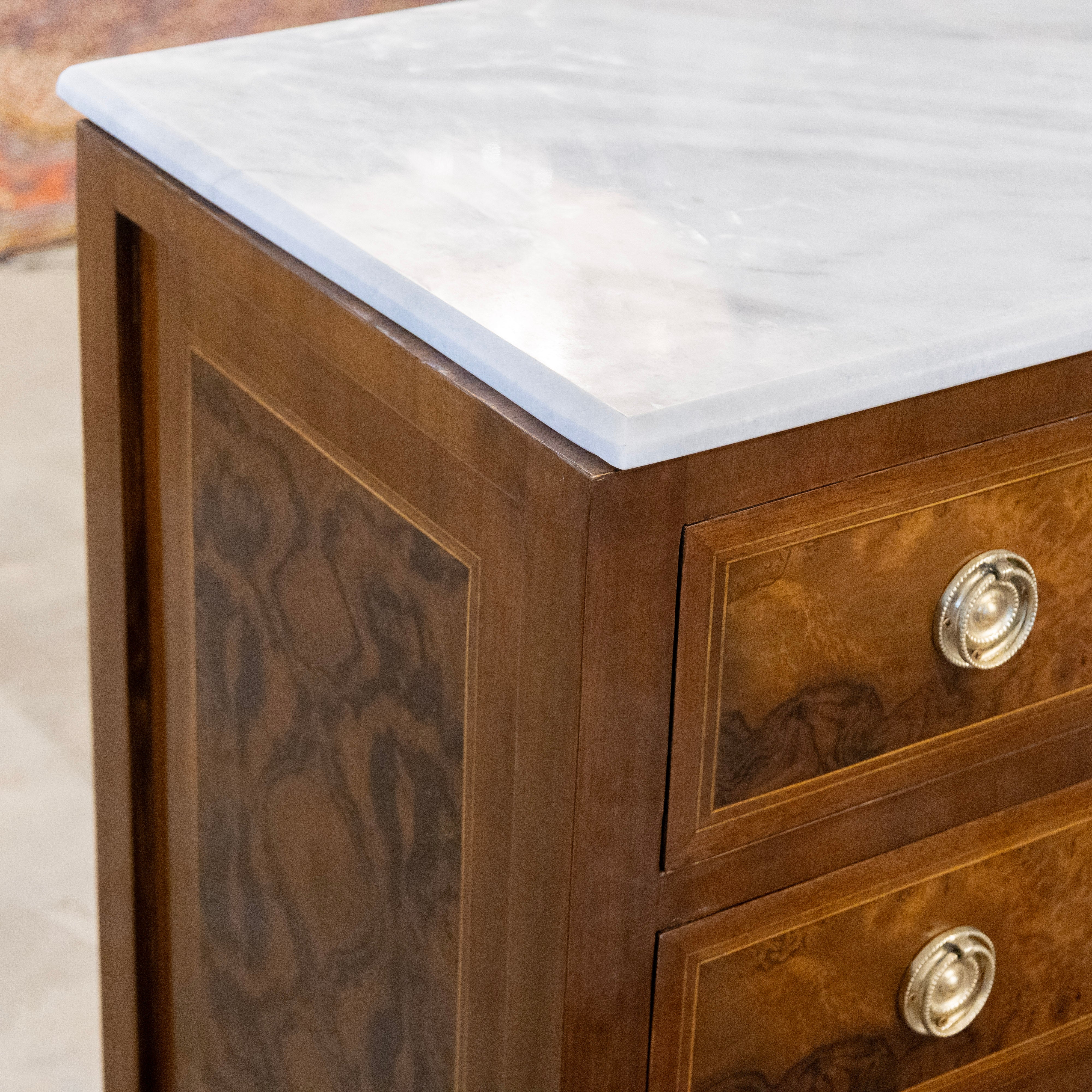 Louis XVI Burl Wood Chest – White Marble Top & Wood Inlay - Image 7