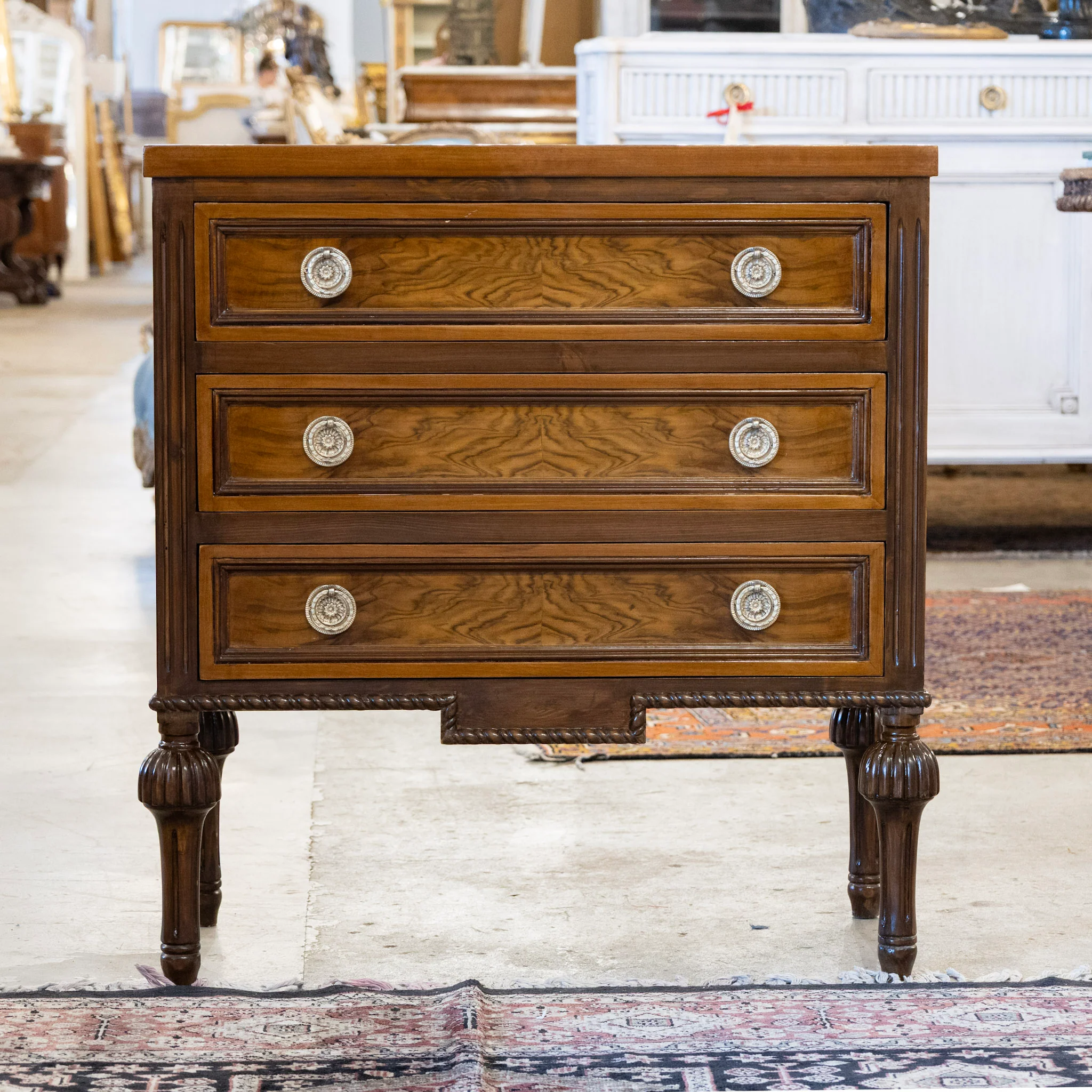 Louis XVI Burl Wood Chest with Ballerina Legs & Notched Rope Trim